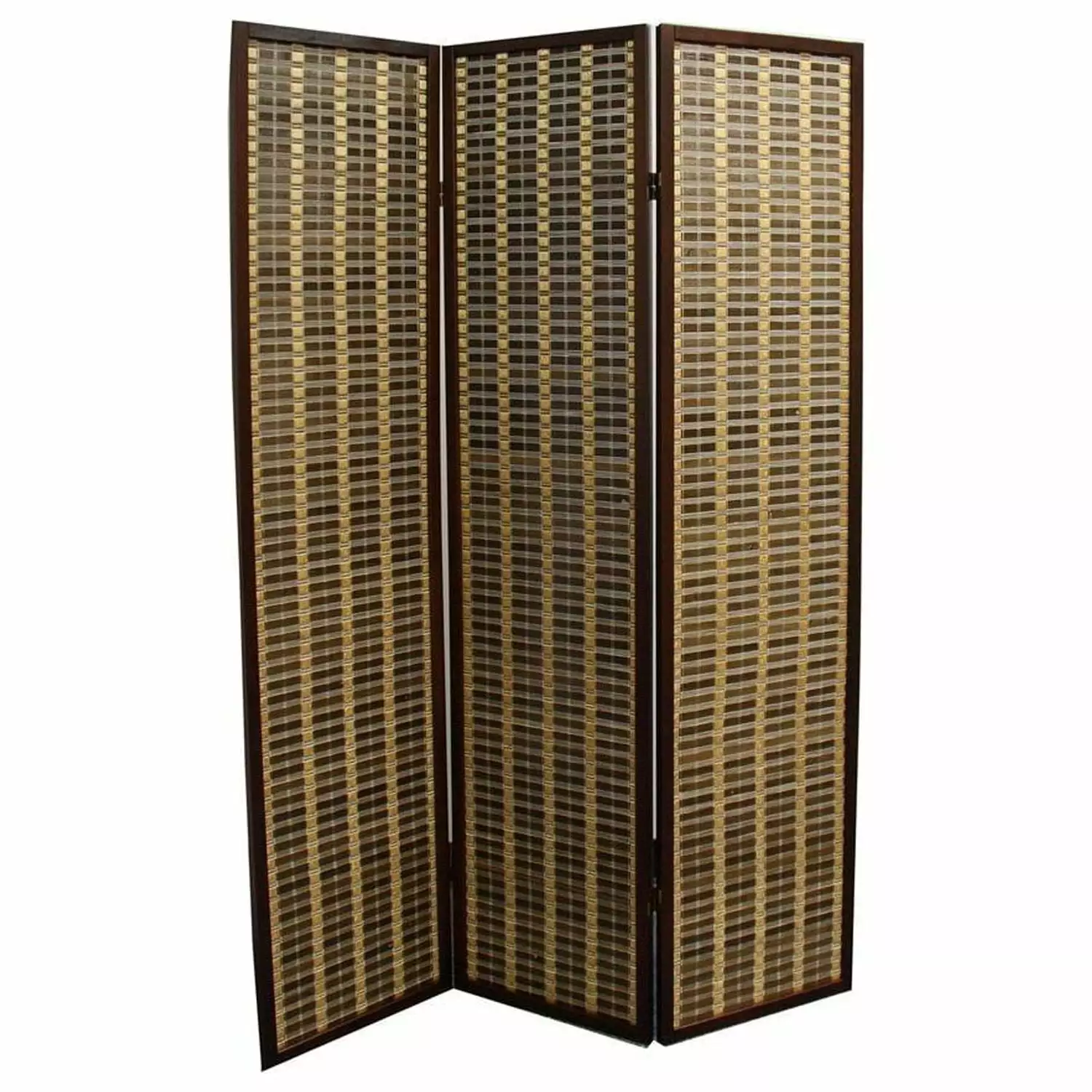 Benjara Dark Brown Bamboo and Wood Two Tone 3 Panel Room Divider - Freestanding Partition