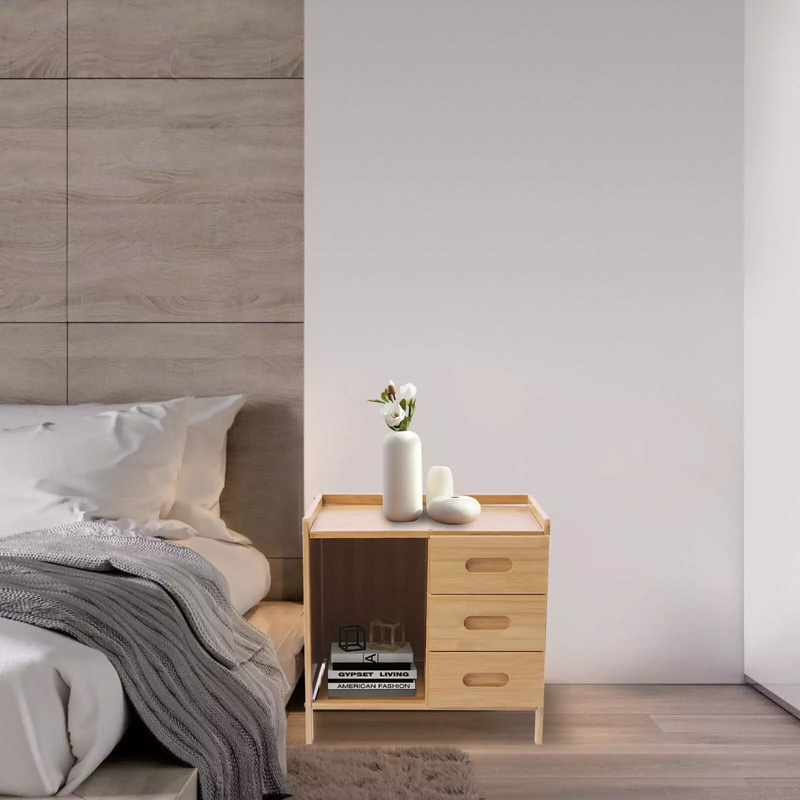 Bedside Table Nightstand Sofa Side Arranger Drawers Storage Box Bamboo 50 lbs Load Flkoendmall