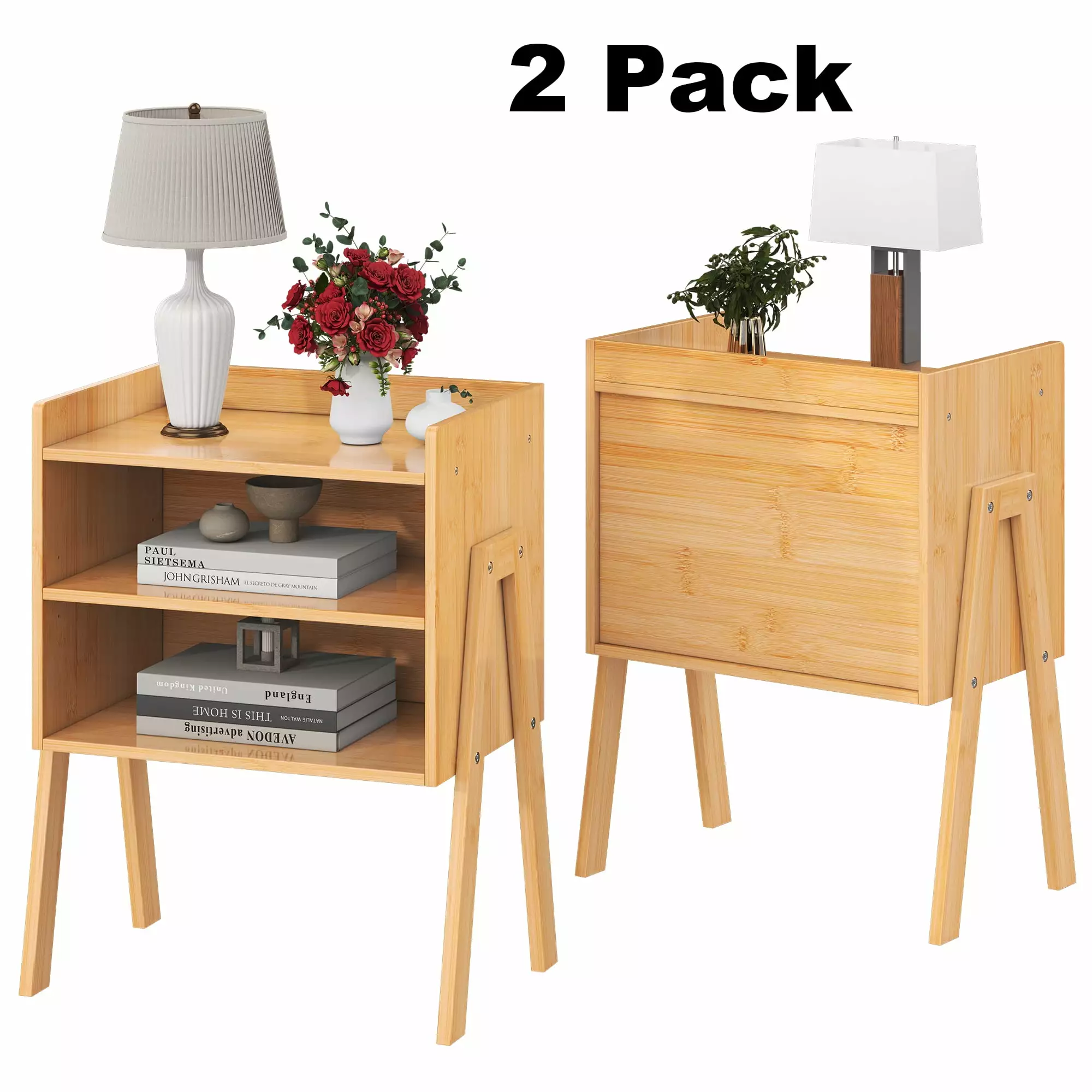 Mazqetih Bamboo Nightstands Set 2 Stackable Bedside Tables Bedroom Living Room