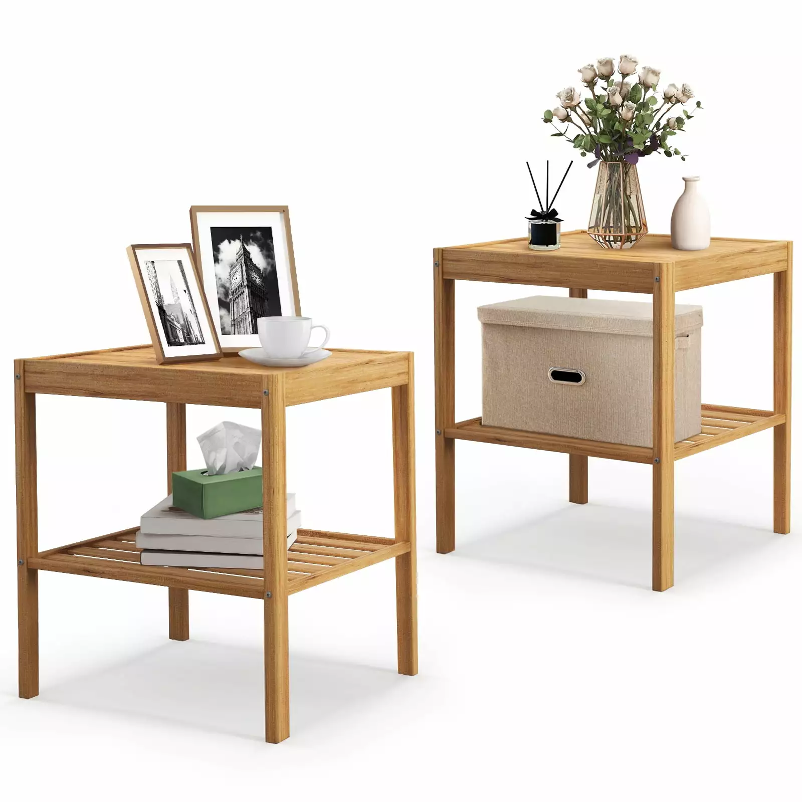 Topbuy Bamboo Nightstand Set 2 2-tier Side Table Bottom Shelf Square End Table Small Space