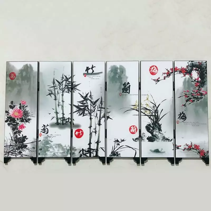RAINB 6-Panel Flower Bamboo Screen Room Divider Wood Folding Partition Business Gift