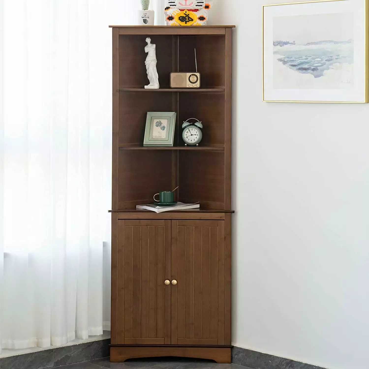 Maydear Bamboo 5-Tier Corner Bookshelf Door Tall Free Standing Storage Cabinet Living Room Home Office Kitchen