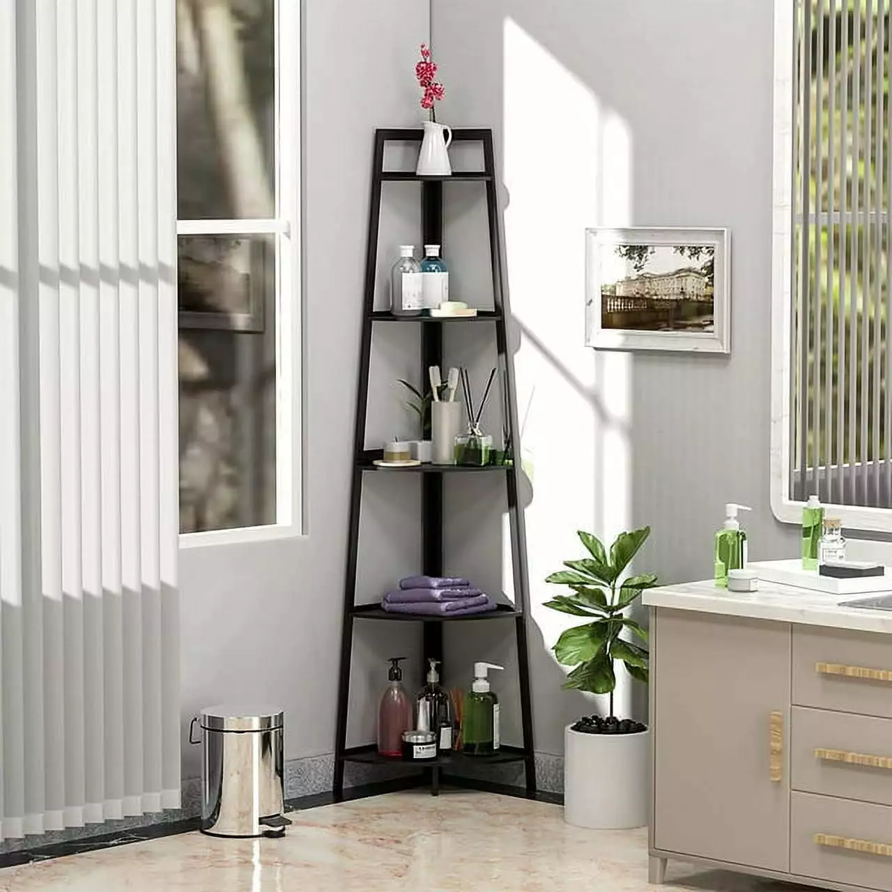 Rustic Bamboo Corner Shelf 5 Tier Industrial Bookcase Living Room Kitchen Home Office Black Reheyre