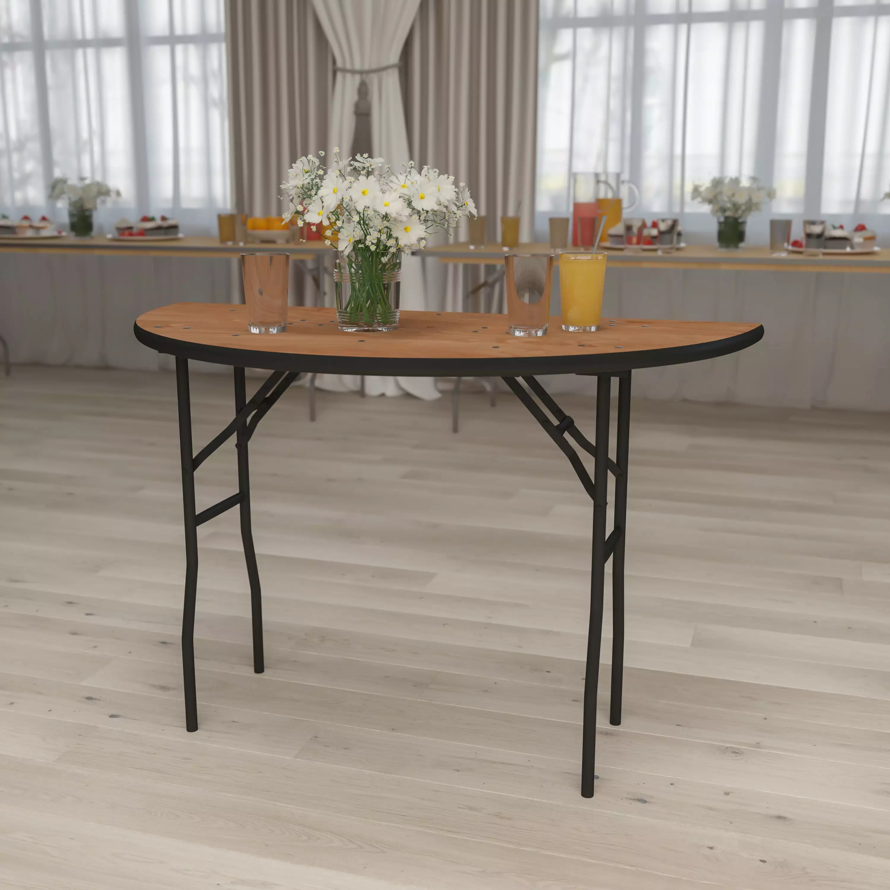 Emma + Oliver 4-Foot Half-Round Wood Folding Banquet Table - Event Catering Table Parties