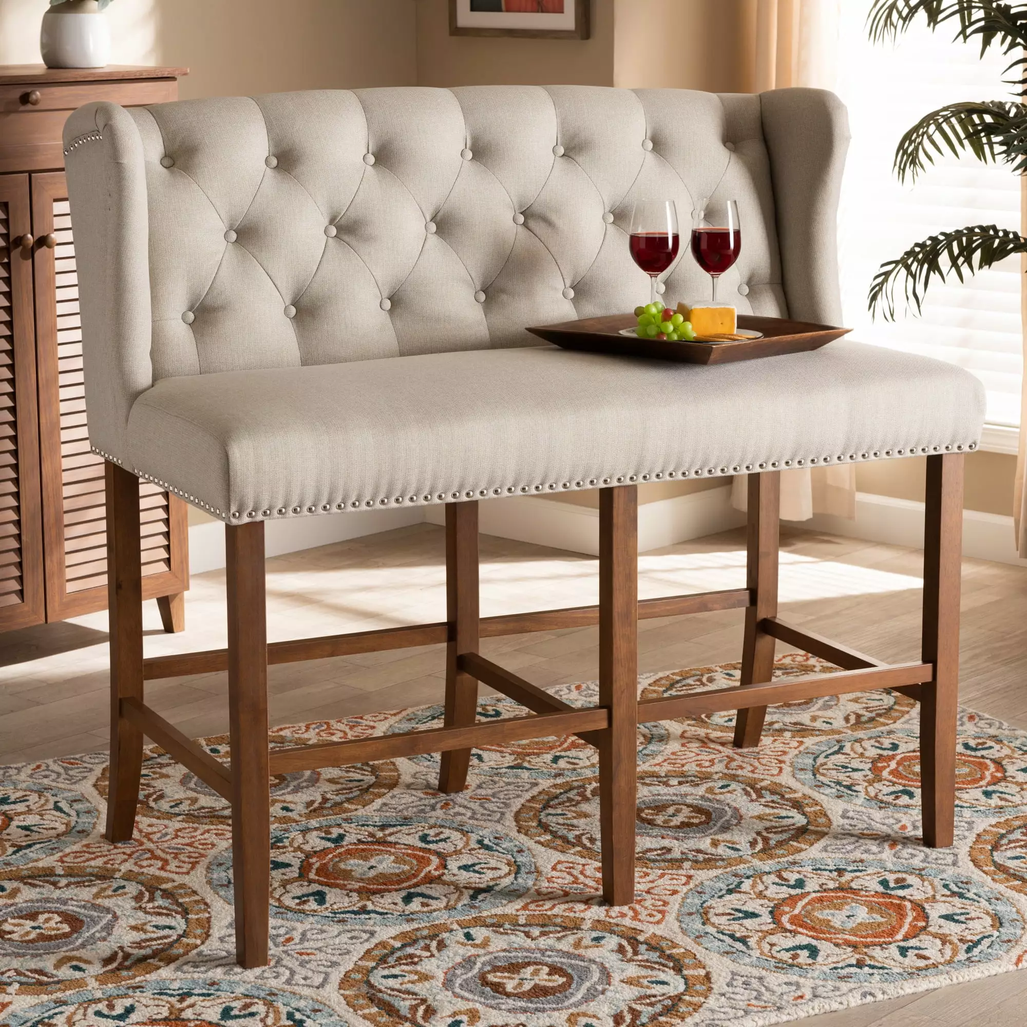 Baxton Studio Alira Modern Beige Fabric Upholstered Walnut Wood Bar Stool Bench Benches