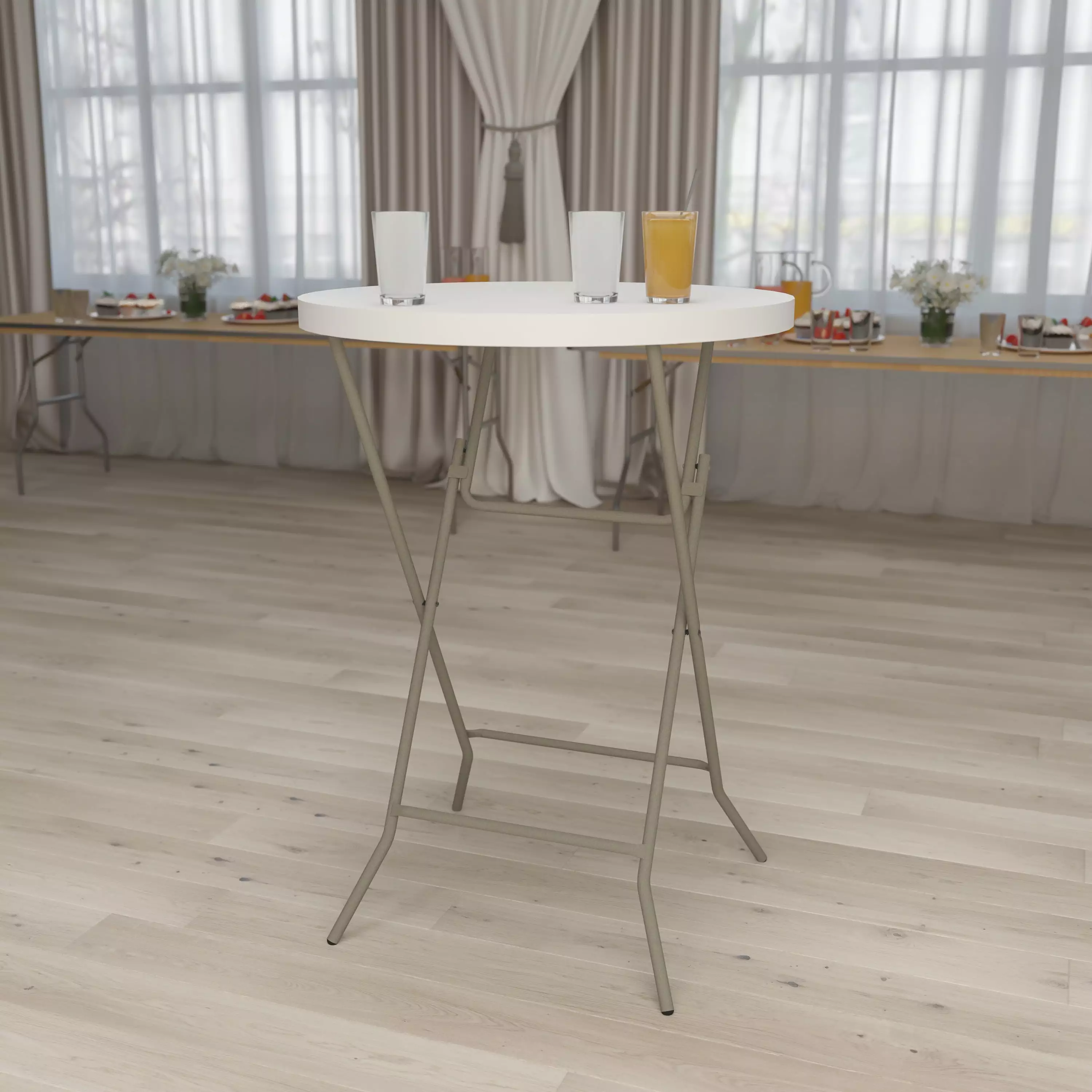 Kathryn 2.63' Round Plastic Folding Bar Height Table Commercial Events White