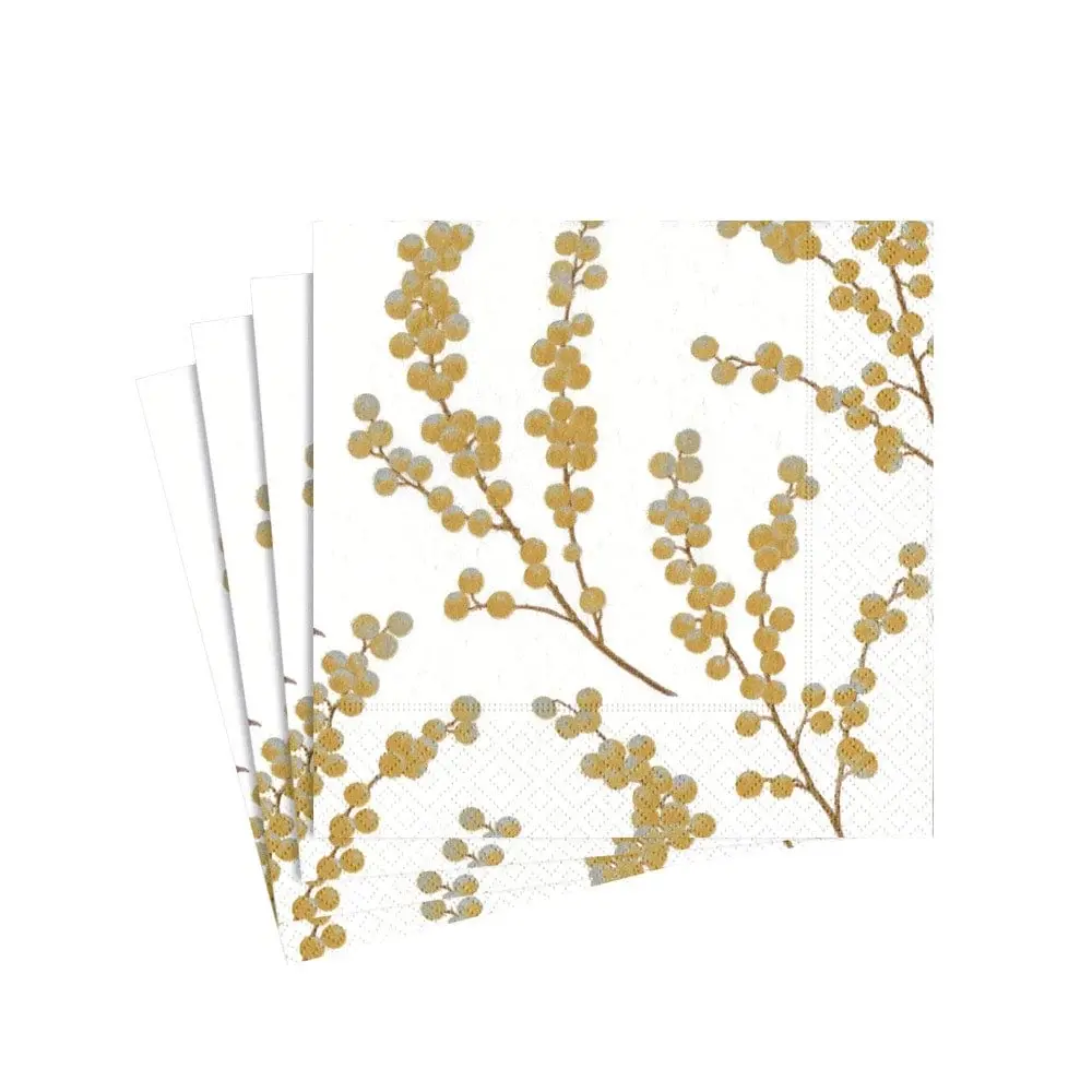 Berry Branches Paper Cocktail Napkins White & Aurum - 20 Per Package