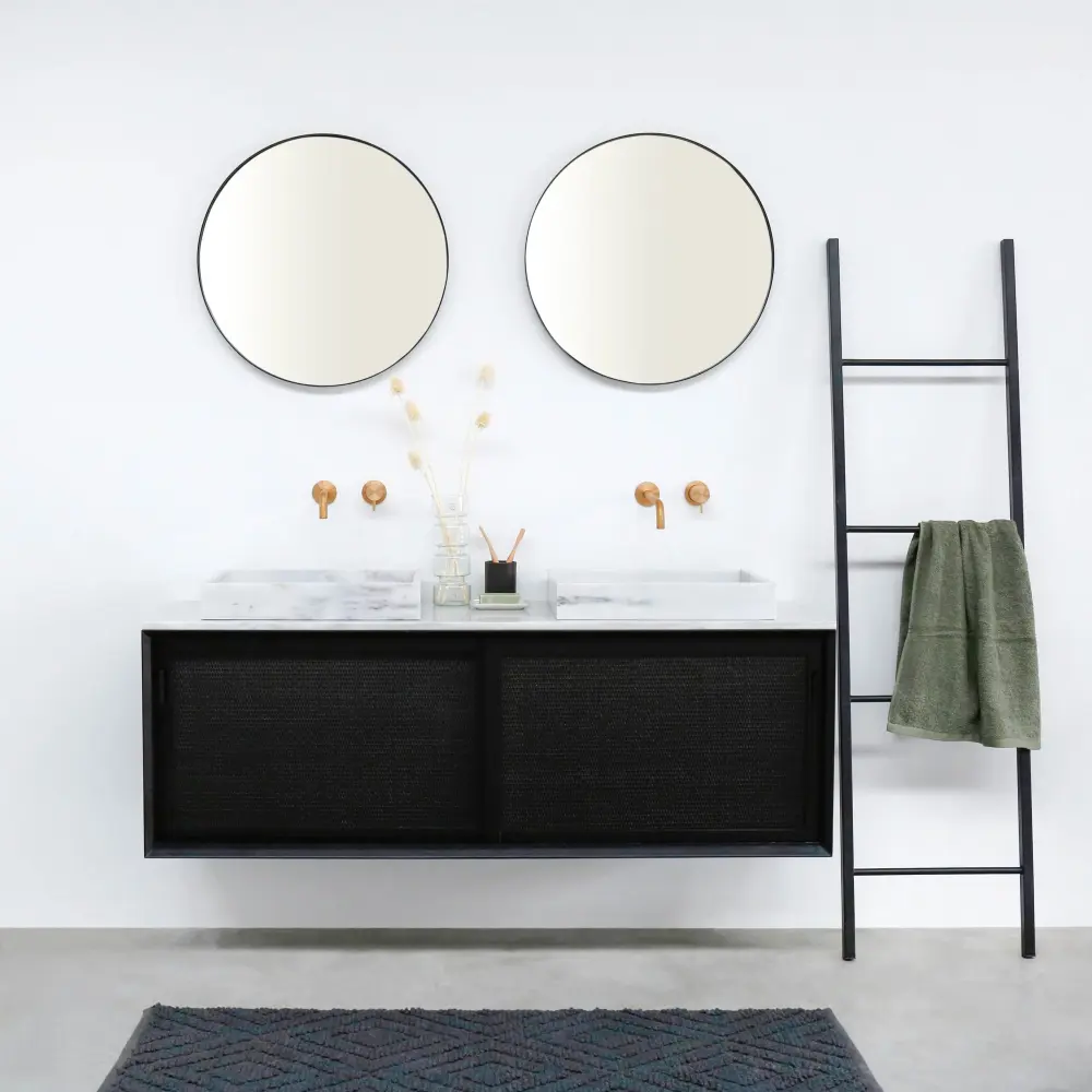 Black bathroom furniture - White Marble Washbasin - Jet-black Wicker (150 cm) - Nestor