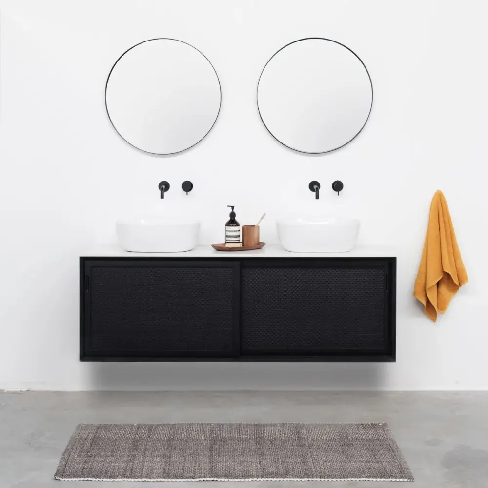 Washbasin furniture Black Rattan - Nestor - Ivory Ceramic - Alexis V (150 cm)