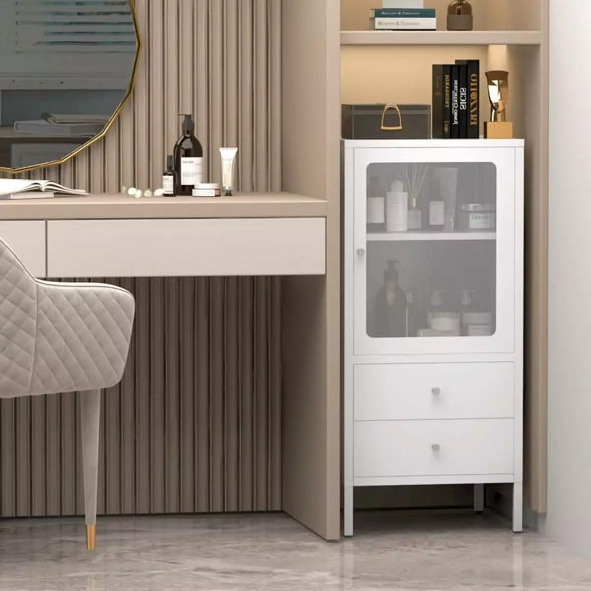 Small White Bathroom Locker Transparent Doors and Two Drawers Storage YTTX