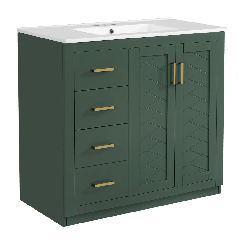 Bathroom Vanity Sink, Storage Cabinet, Freestanding Set 3 Drawers & Soft Closing Doors - Mint