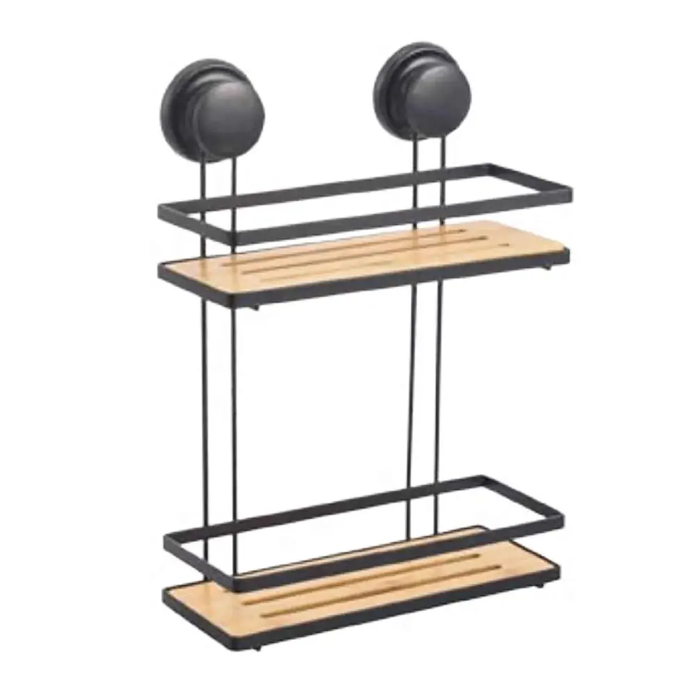 Metal and Bamboo Shower Caddy Suction Cup Holders, 2 Shelf