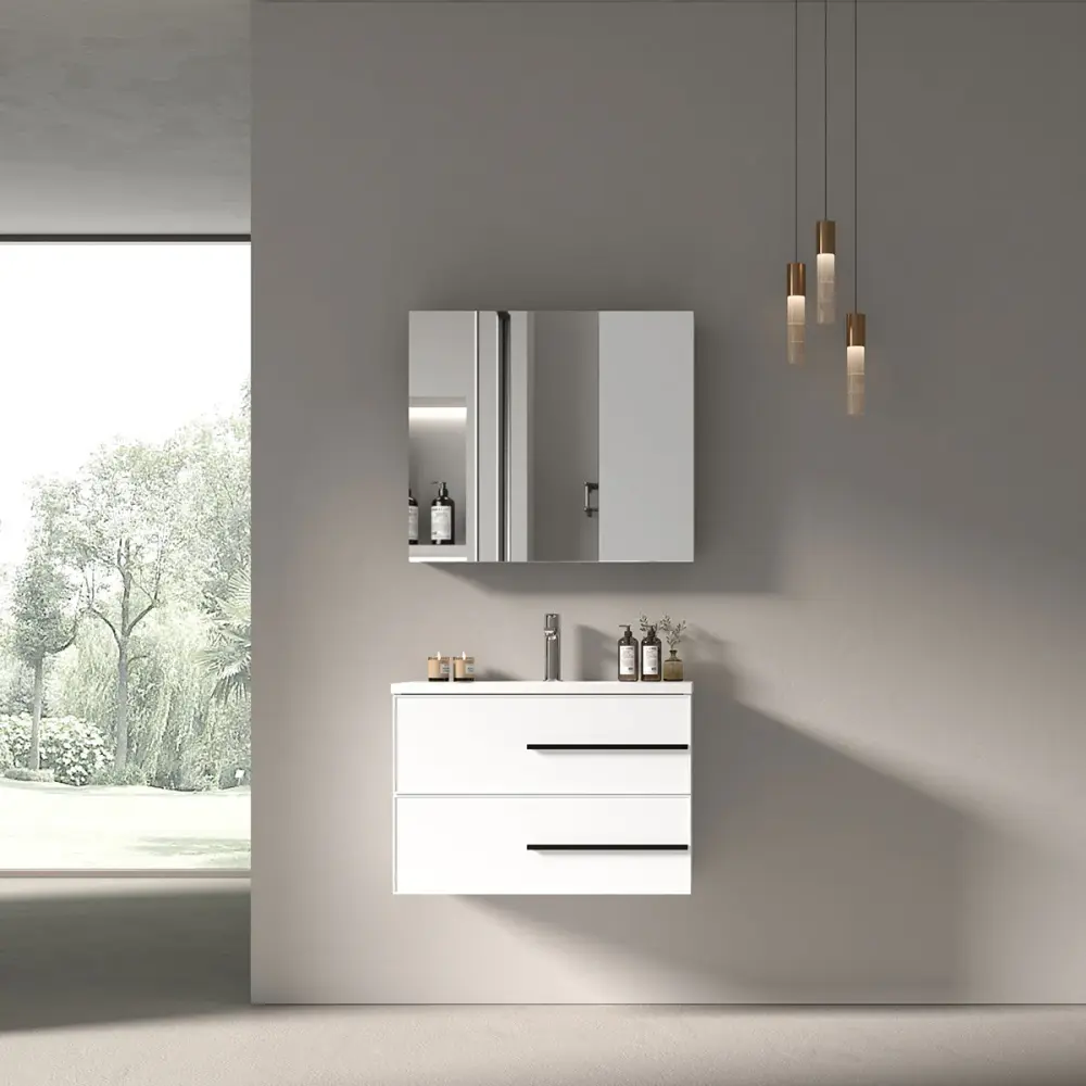 30" Wall Mount Single Bathroom Vanity Chalk Gloss White Integrated Sink LV15W-30W