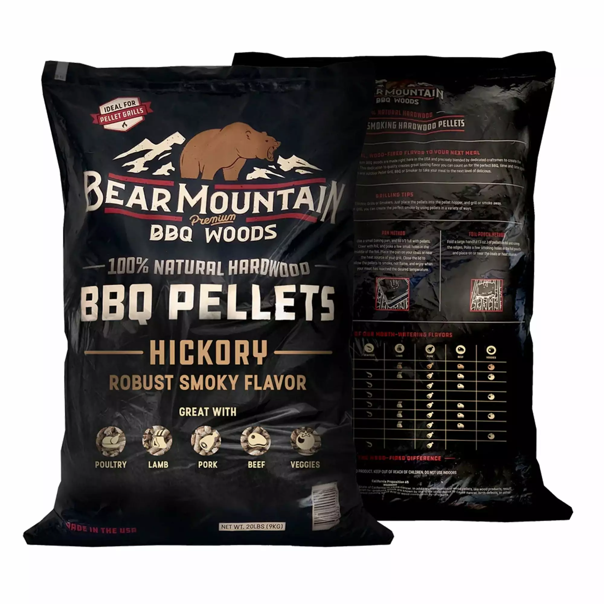 Bear Mountain All Natural Hickory BBQ Pellets Smoky Flavor 33 Pounds Grilling