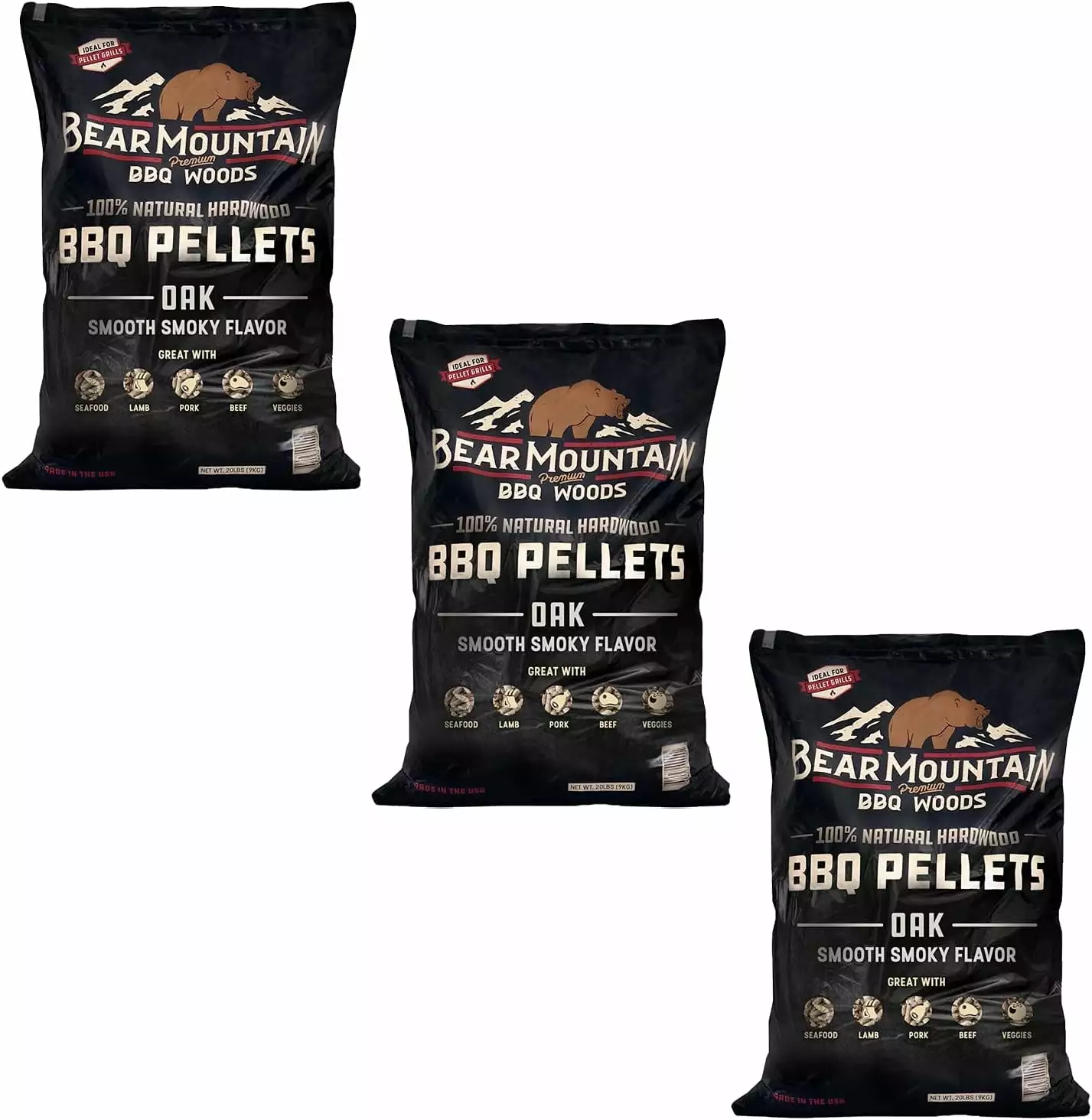 Bear Mountain BBQ Luxury All Natural Hardwood Oak Wood Chip Pellets 20 Pounds 3 Pack
