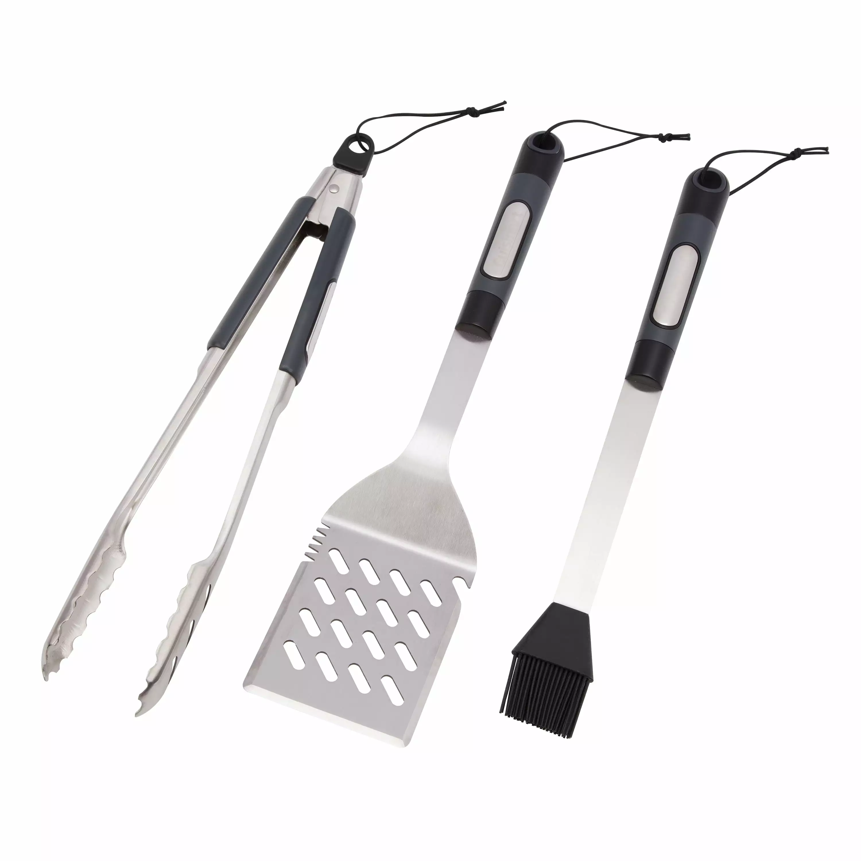 Cuisinart 3 Piece Stainless Steel Barbecue Tool Set Spatula Locking Tongs and Silicon Basting Brush