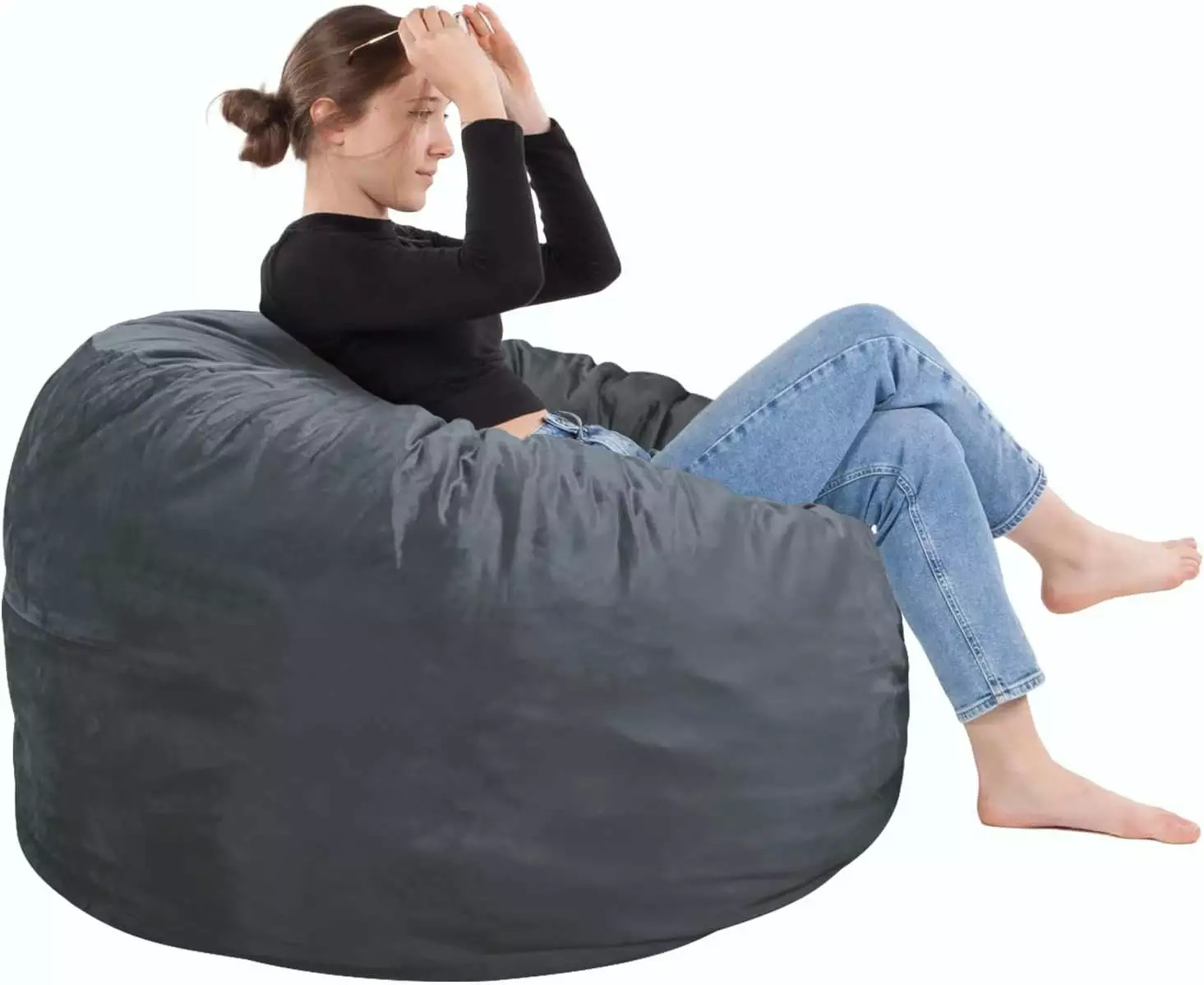 3Ft Memory Foam Bean Bag Chair Removable Velvet Cover Round Sofa Living Room Bedroom Gaming Room Grey Q&Q
