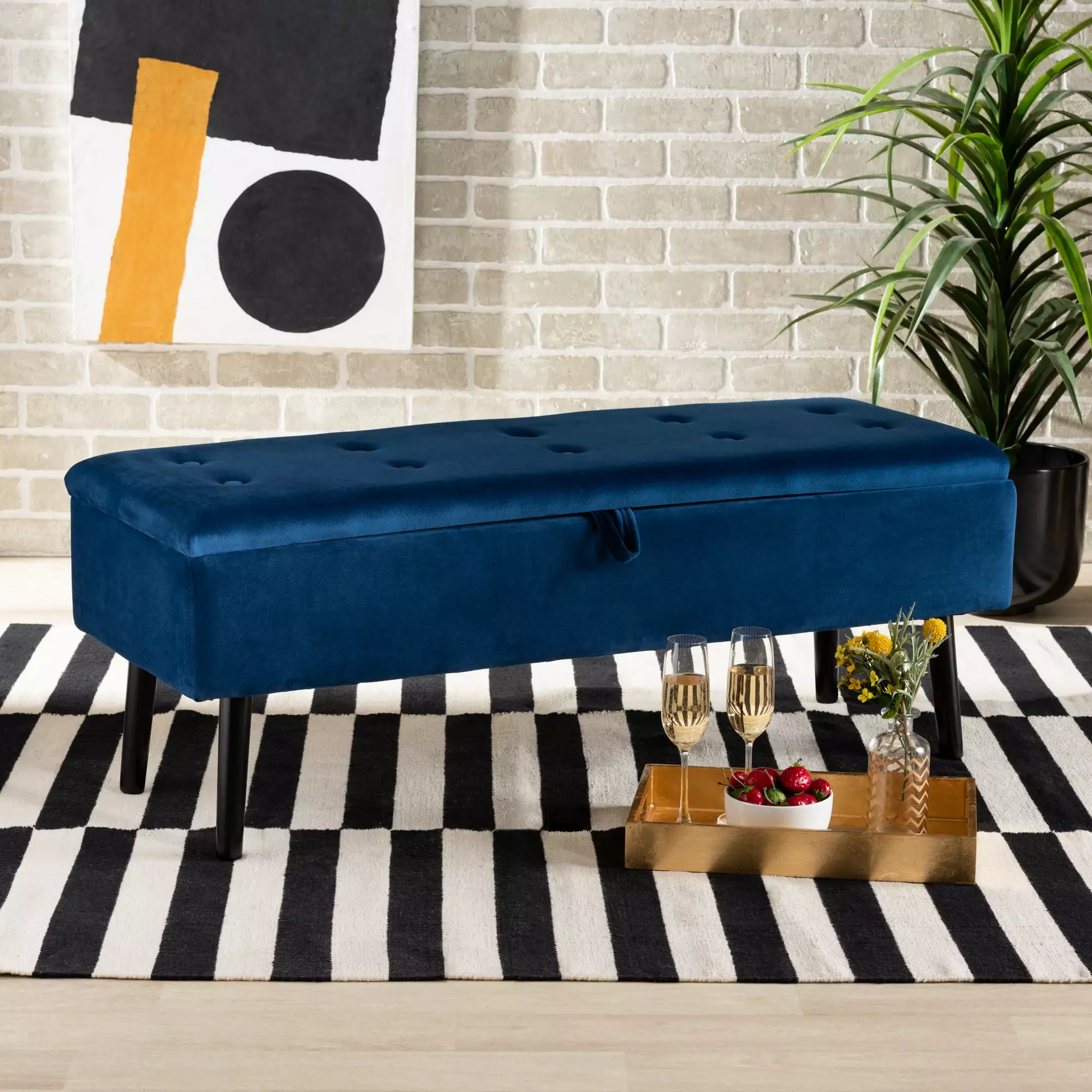 Baxton Studio Caine Upholstered & Tufted Bench Navy Blue - Elegant Bedroom Bench Benches