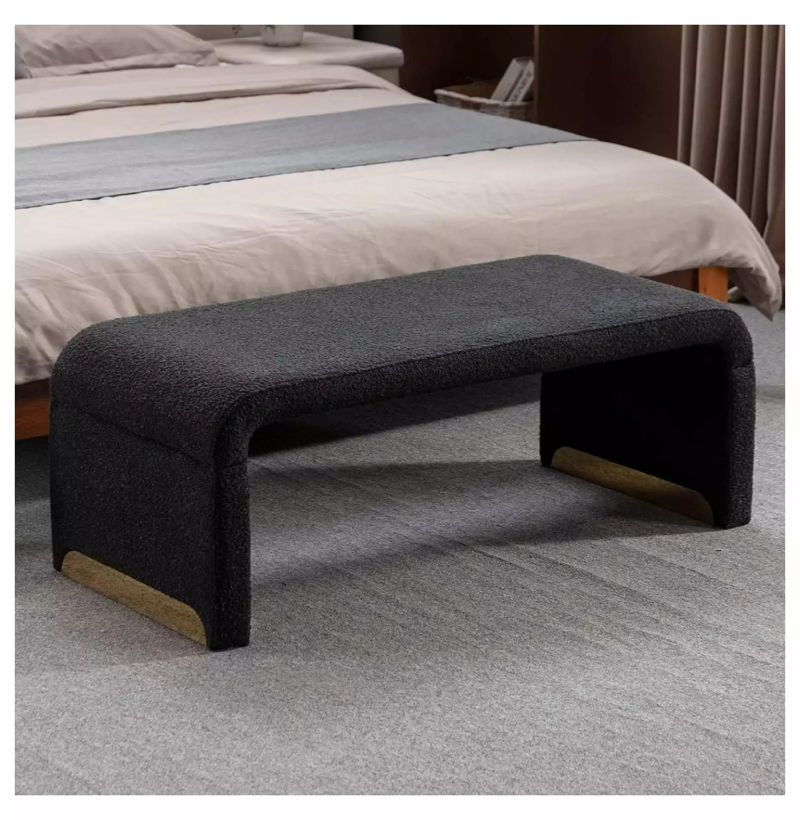 Drevy 43.3 Ottoman Bench Boucle Fabric Faux Fur End Bed Bench Golden Metal Legs Black Benches