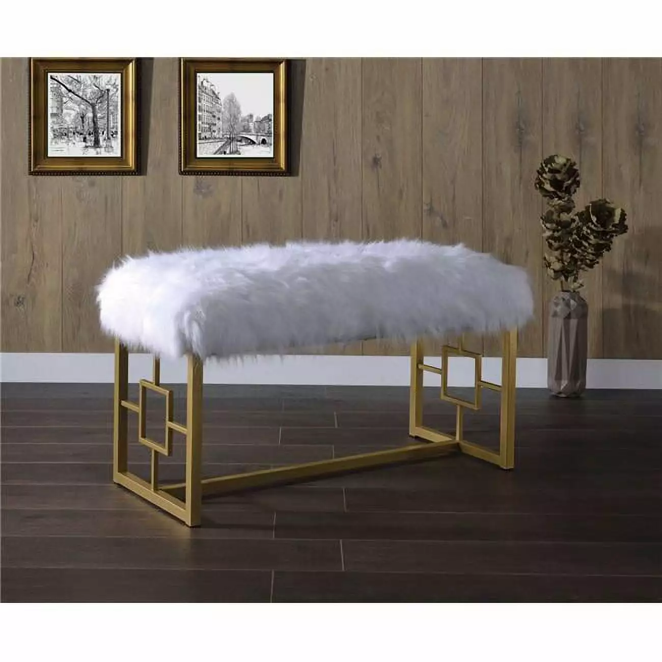 HomeRoots 18 Inch White Faux Fur Gold Metal Upholstered Seat Bench Bedroom Benches