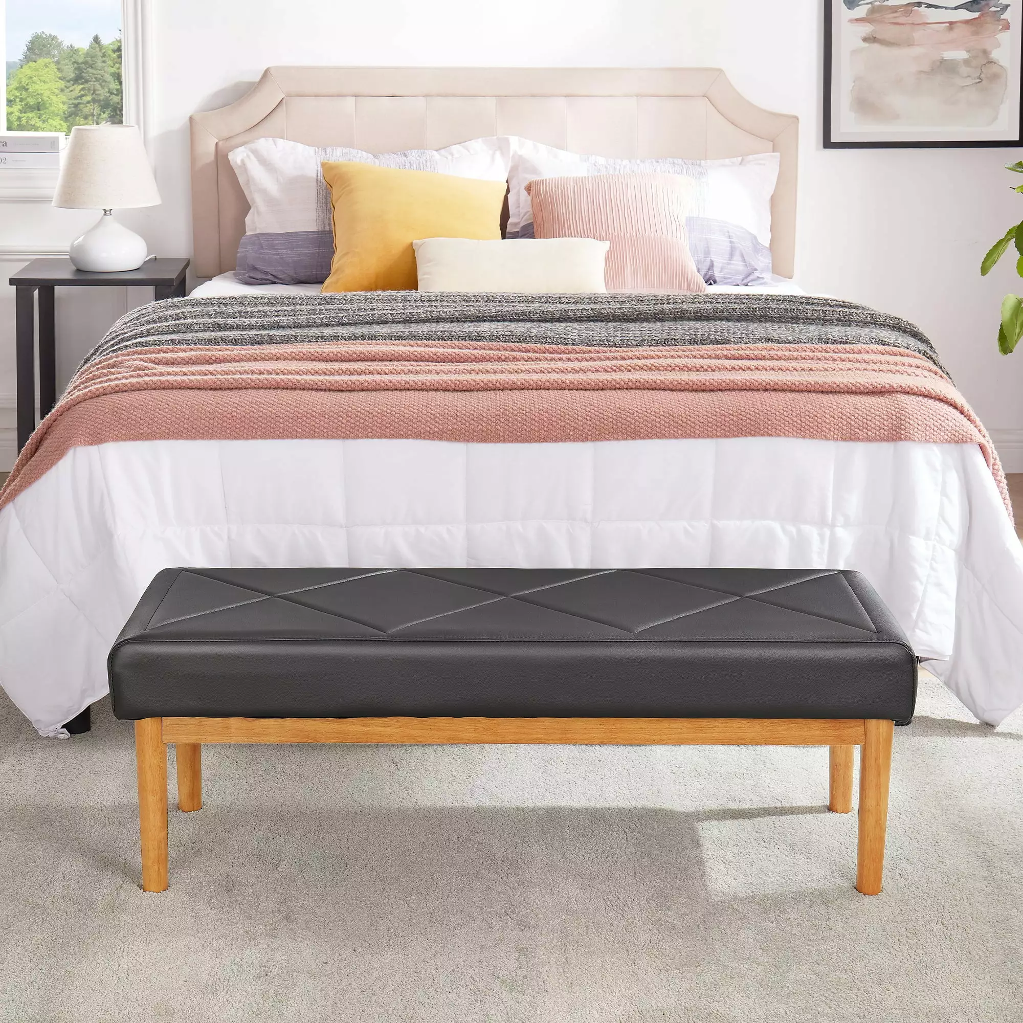 VECELO Faux Leather Upholstered Bed Bench Wood Legs Bedroom Living Room Entryway Black Benches