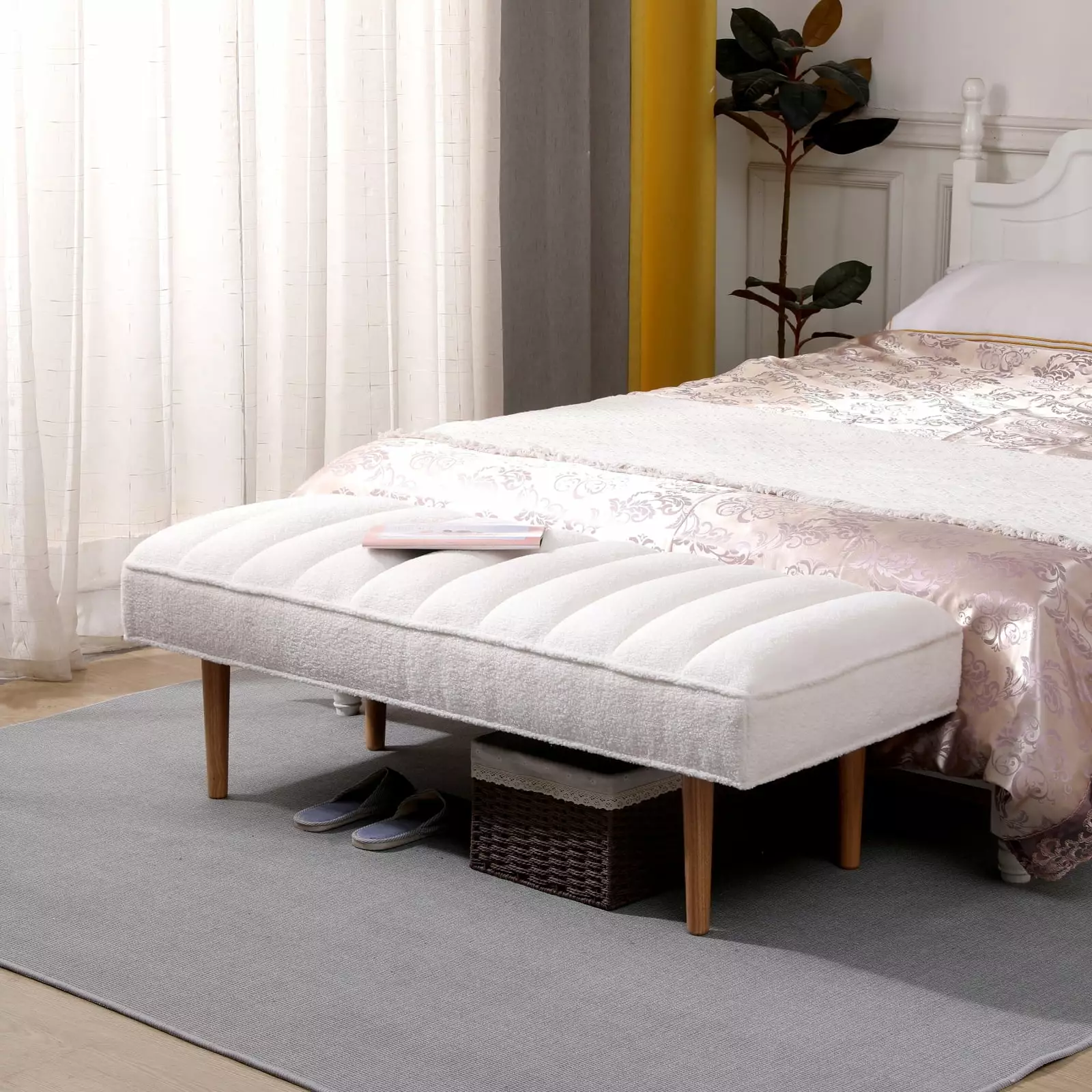 Elegant White Sherpa Upholstered End Bed Bench Channel Tufting and Wooden Legs Benches Wodine