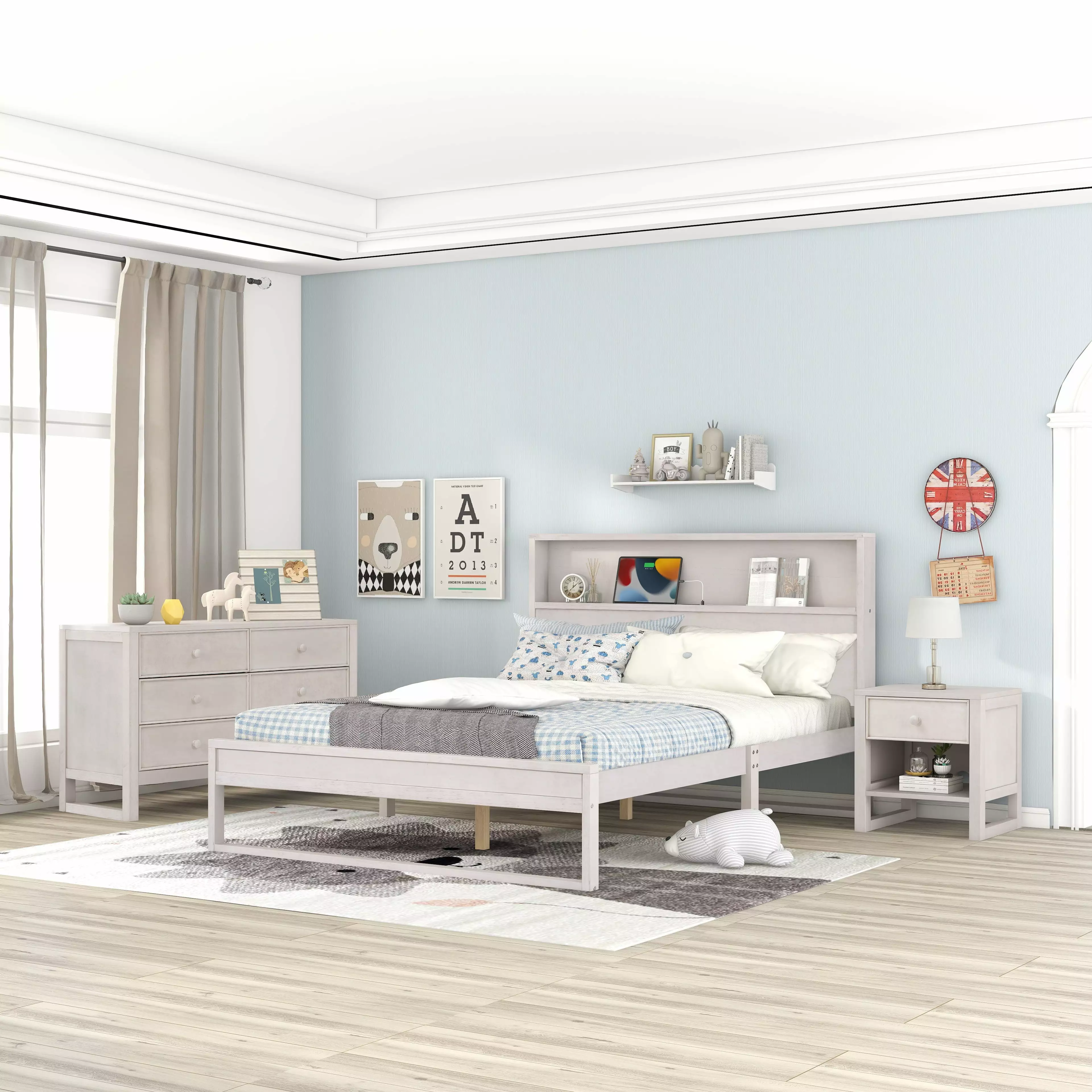 DeeHome 3-Pieces Bedroom Sets Queen Size Platform Bed Nightstand and Dresser Antique White