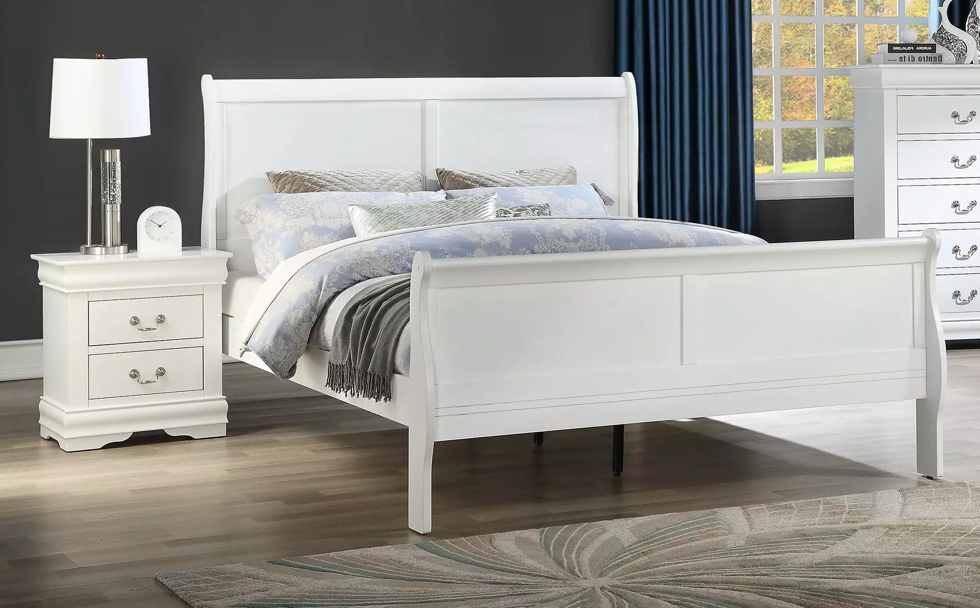3pc Transitional Louis Philip Queen Panel Bed and Two Nightstands Set White Finish - Sturdy Wooden Bedroom Furniture Esofa...