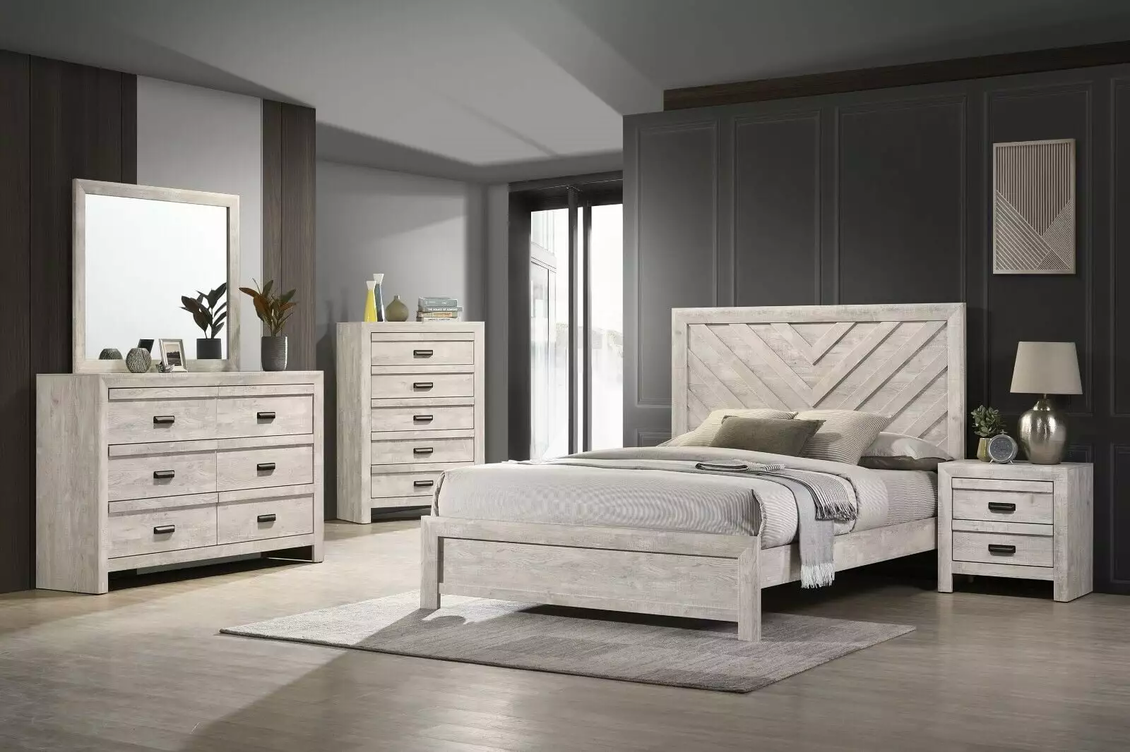 5pc Rustic Beige Gray Finish Bedroom Furniture Queen Bed Dresser Mirror Nightstand Set Esofastore