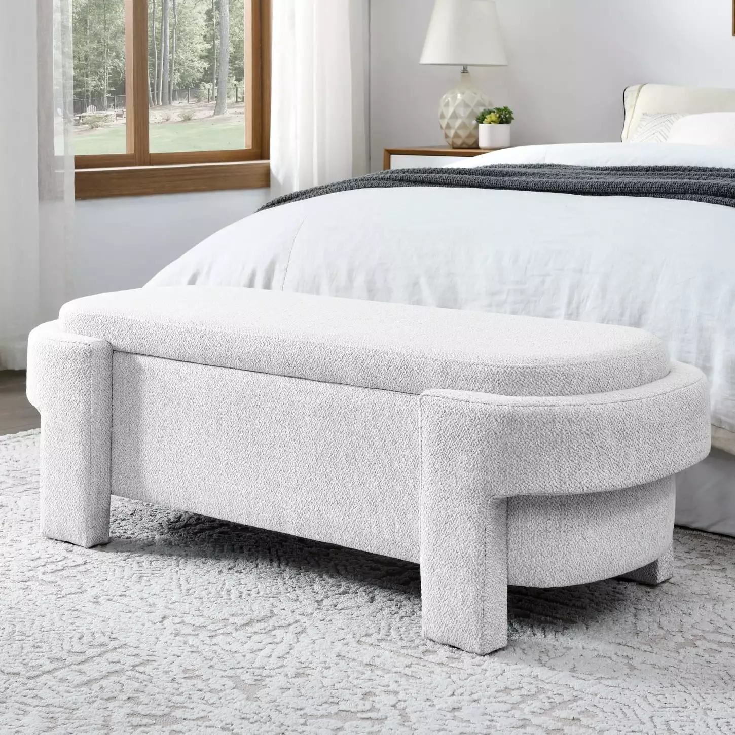 Elegant Linen Fabric Upholstered Storage Bench 51.5x20.5x17 Inches Cream Finish No Assembly Required Benches HATNOKIL