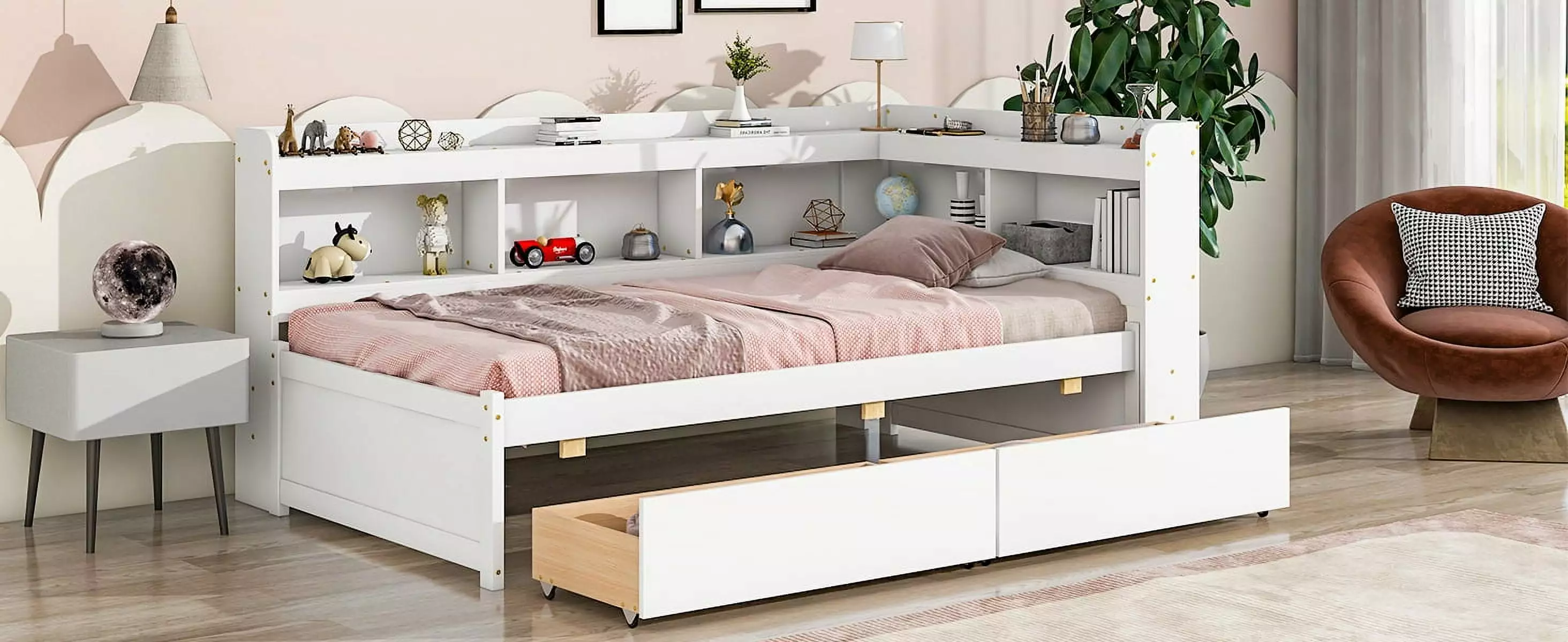 Twin Bed L-shaped Bookcases Drawers and Storage White Space-saving Design Fencia