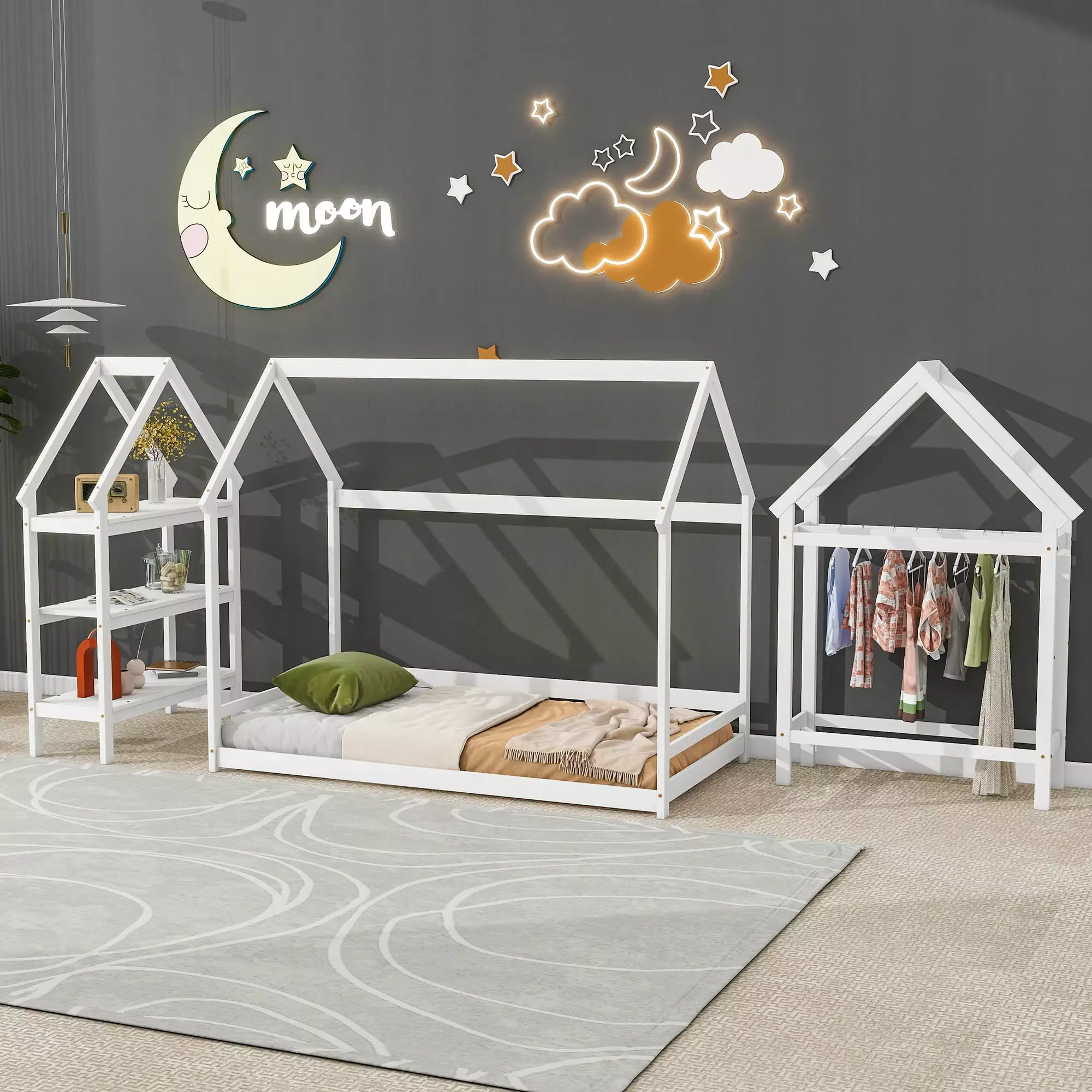 DeeHome Twin Size Wood Houtilize Bed Storage Shelf and Hanger, Kids Bedroom Set White