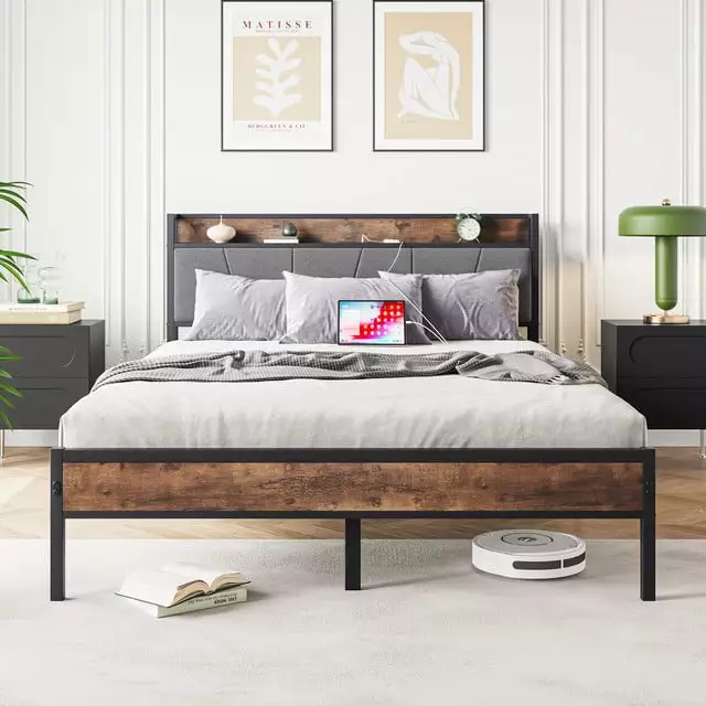 Queen Size Bed Frame Vintage Brown and Gray Storage Headboard and Charging Station Ponnky