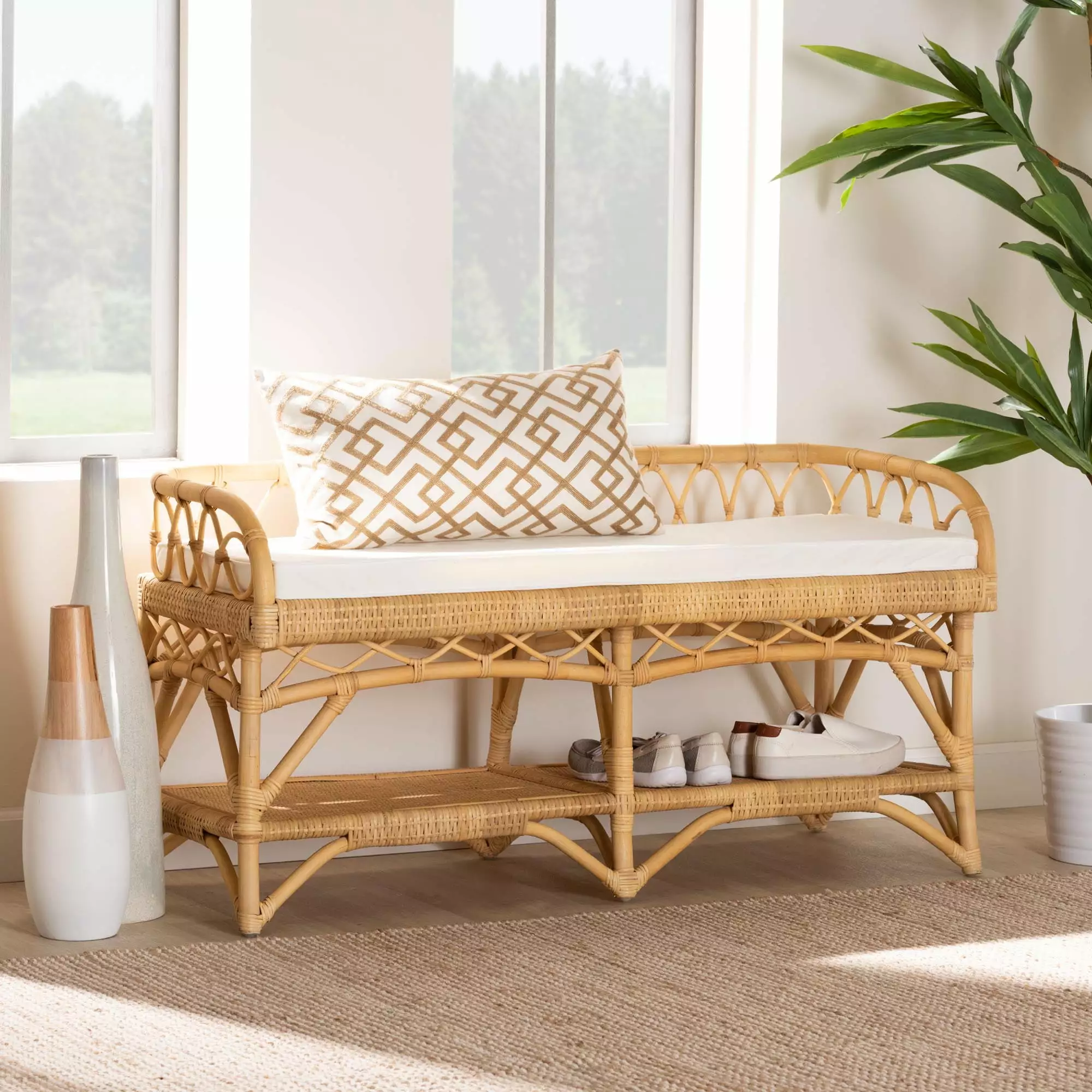 bali & pari Leryn Rattan BOHO Bench Natural Brown Benches Baxton Studio