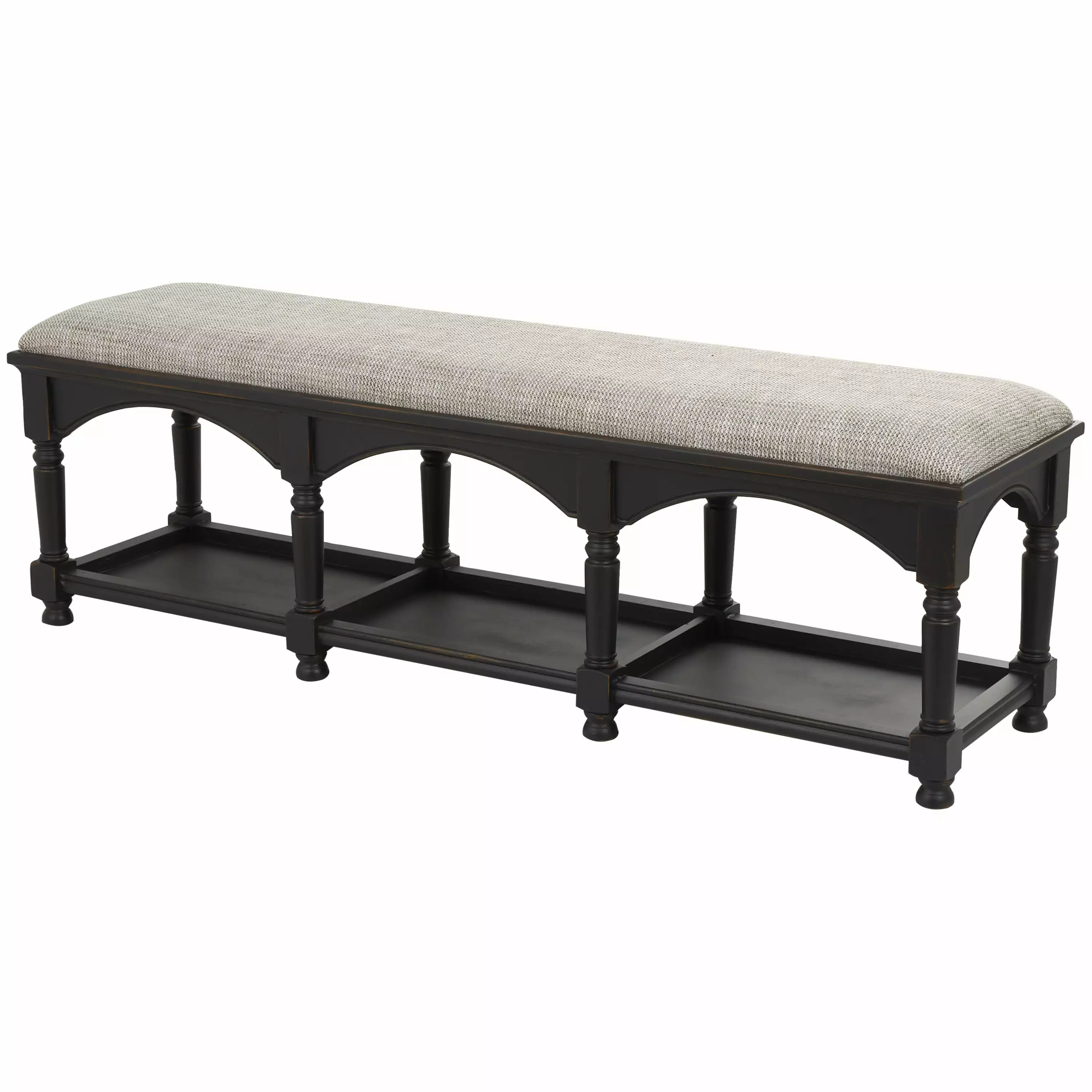 DecMode Fabric Arched Storage Bench Turned Legs and Beige Cushion Black Benches