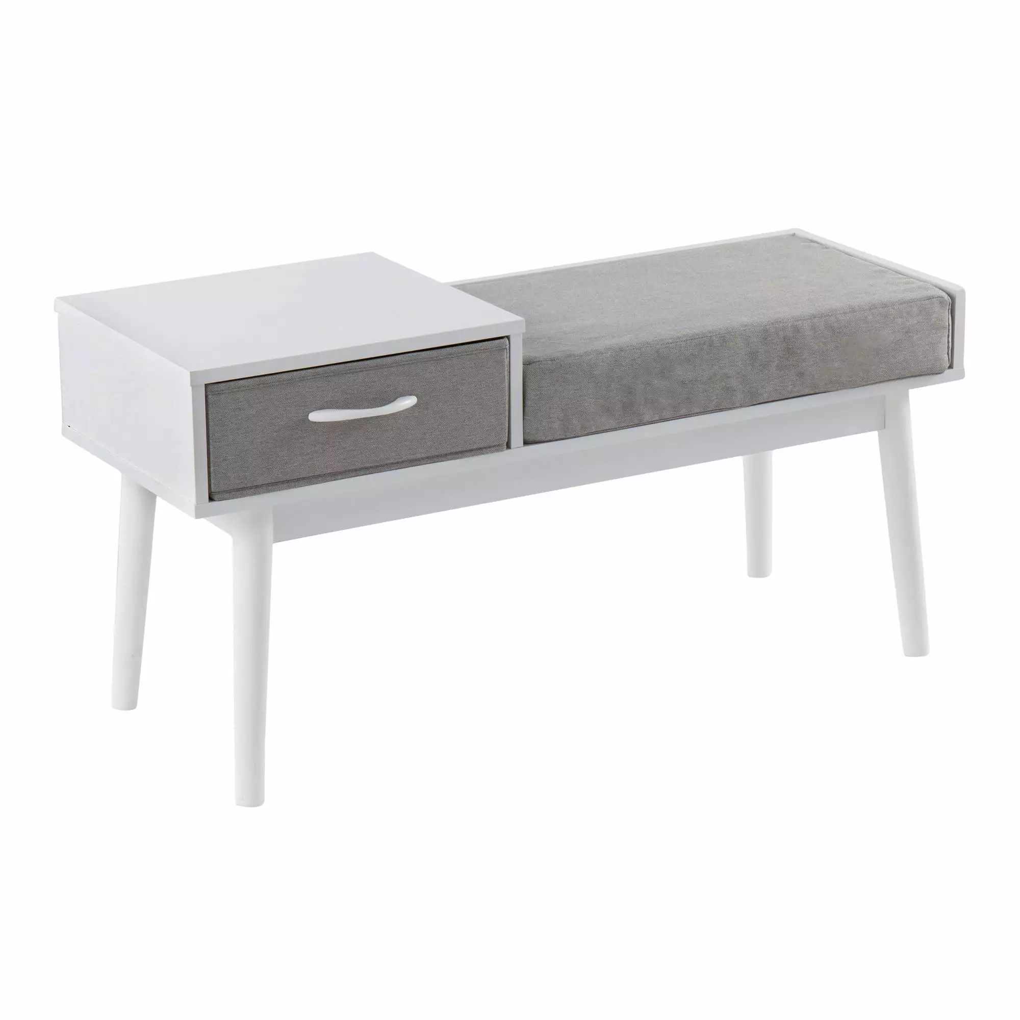 Telephone Contemporary White Wood and Grey Fabric Bench Pull-Out Drawer LumiSource Benches Ghislaine
