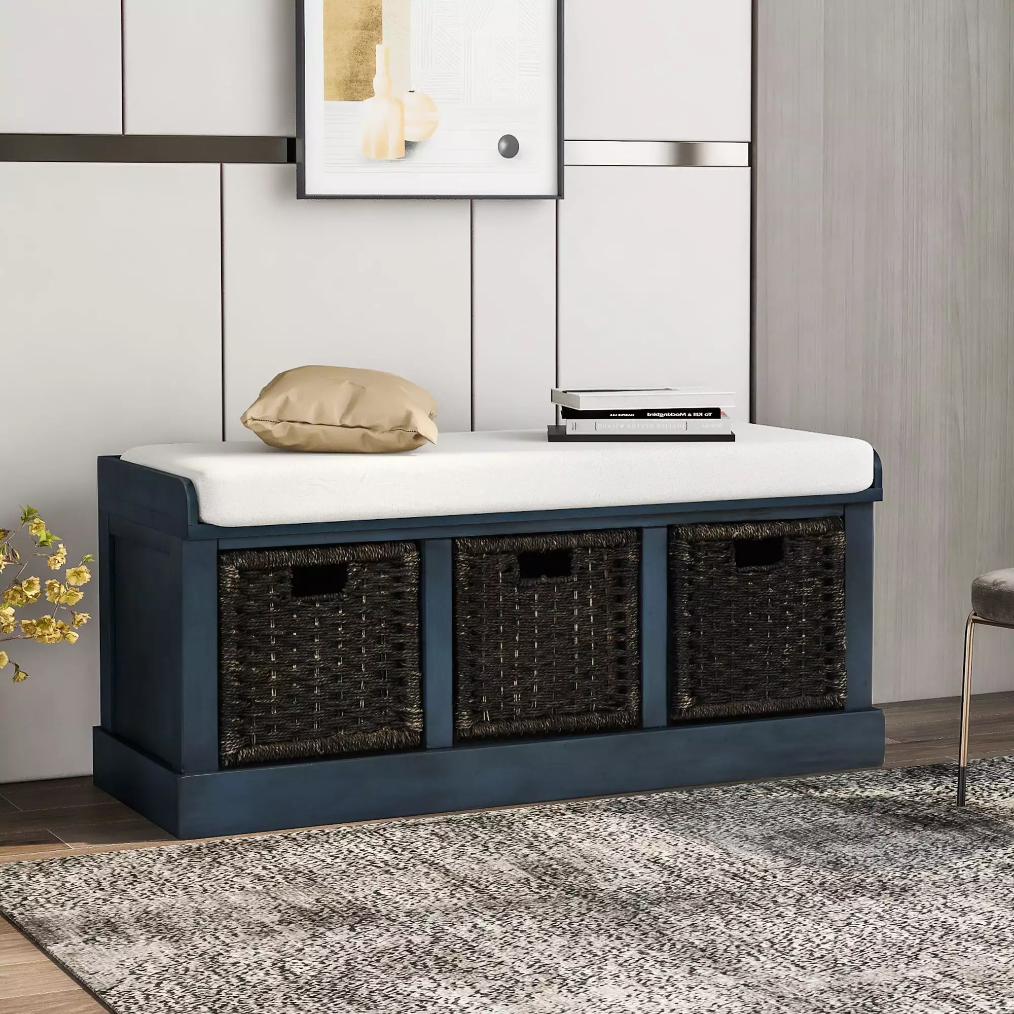 TREXM Rustic Storage Bench 3 Removable Rattan Baskets and Cushion Antique Navy Entryway Bench Benches Ghislaine