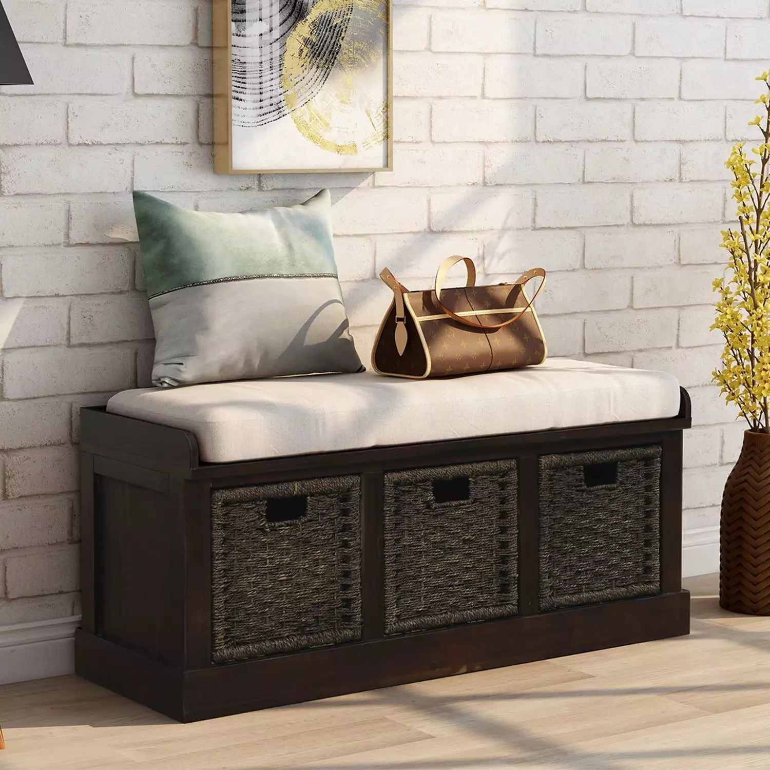 TREXM Rustic Storage Bench 3 Removable Rattan Baskets and Cushion Espresso Entryway Bench Benches Ghislaine