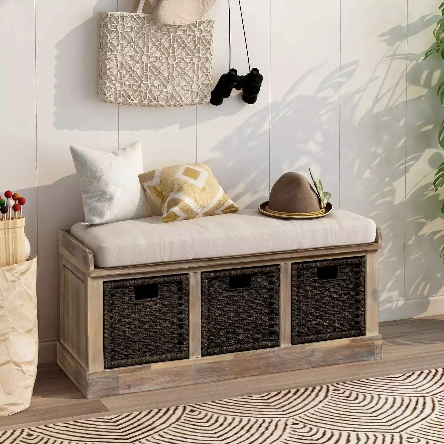 TREXM Rustic Storage Bench 3 Removable Rattan Baskets and Cushion White Washed Entryway Bench Benches Ghislaine