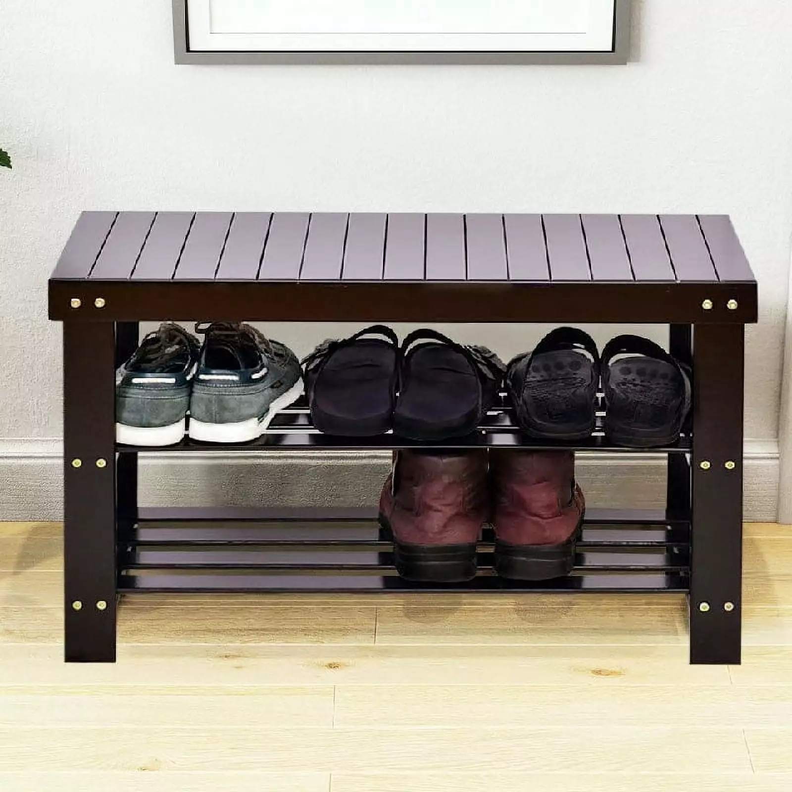Ktaxon Large Size Coffee Color Entryway Storage Bench 3-Tier Shoe Rack Shelf Benches
