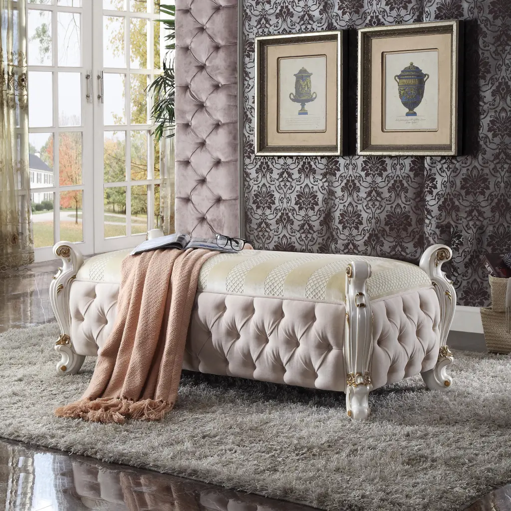 Picardy Fabric & Antique Pearl Bench - Upholstered Entryway Seat