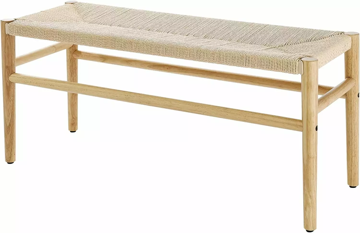 Recaceik Indoor Entryway Bench Paper Cord Ottoman Mid-Century Long Bench Rubber Wood Legs Ottomans