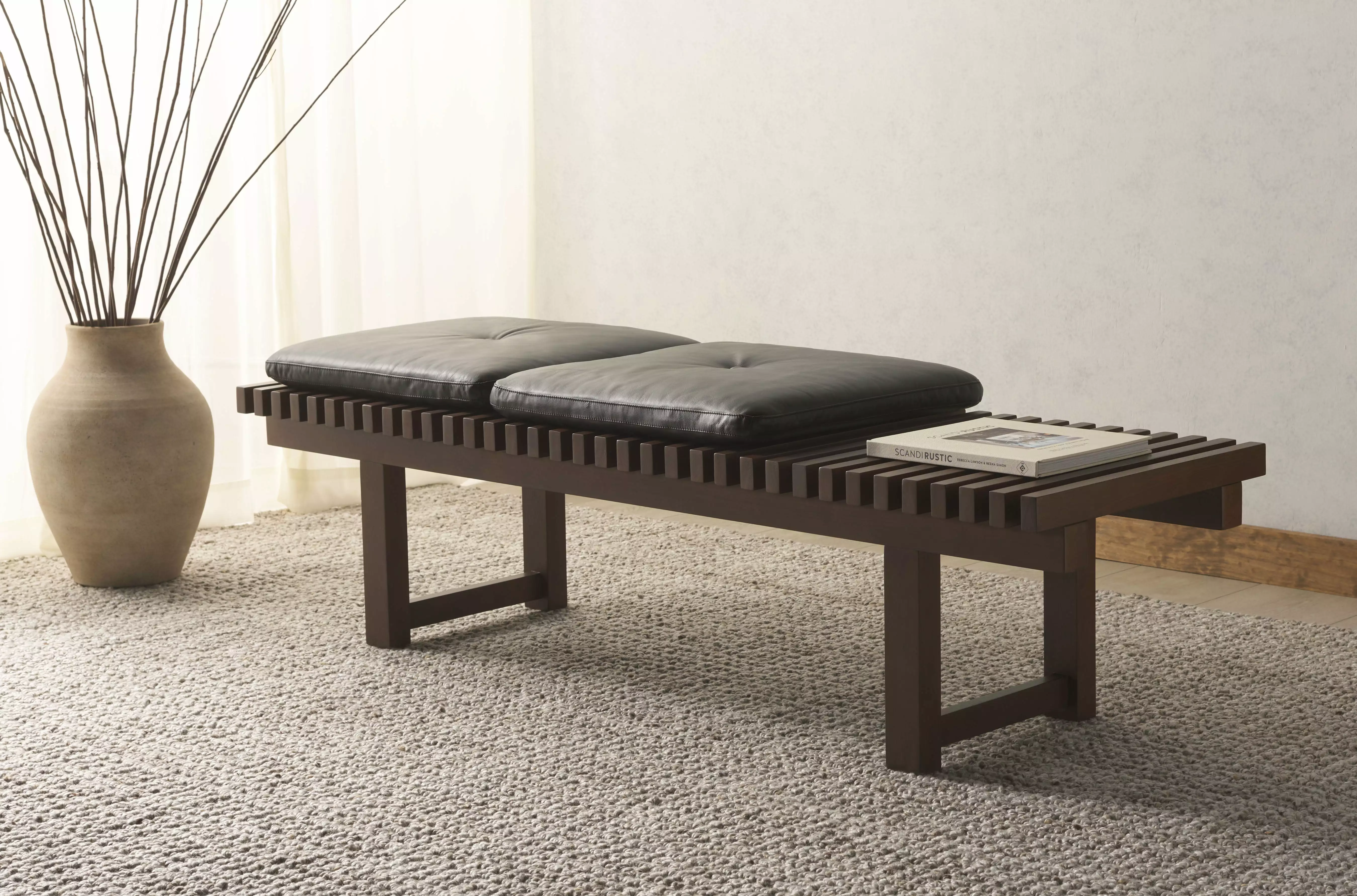 SAFAVIEH Couture Bolivar Solid Leather Modern Bench Wood Frame Black Dark Brown Benches