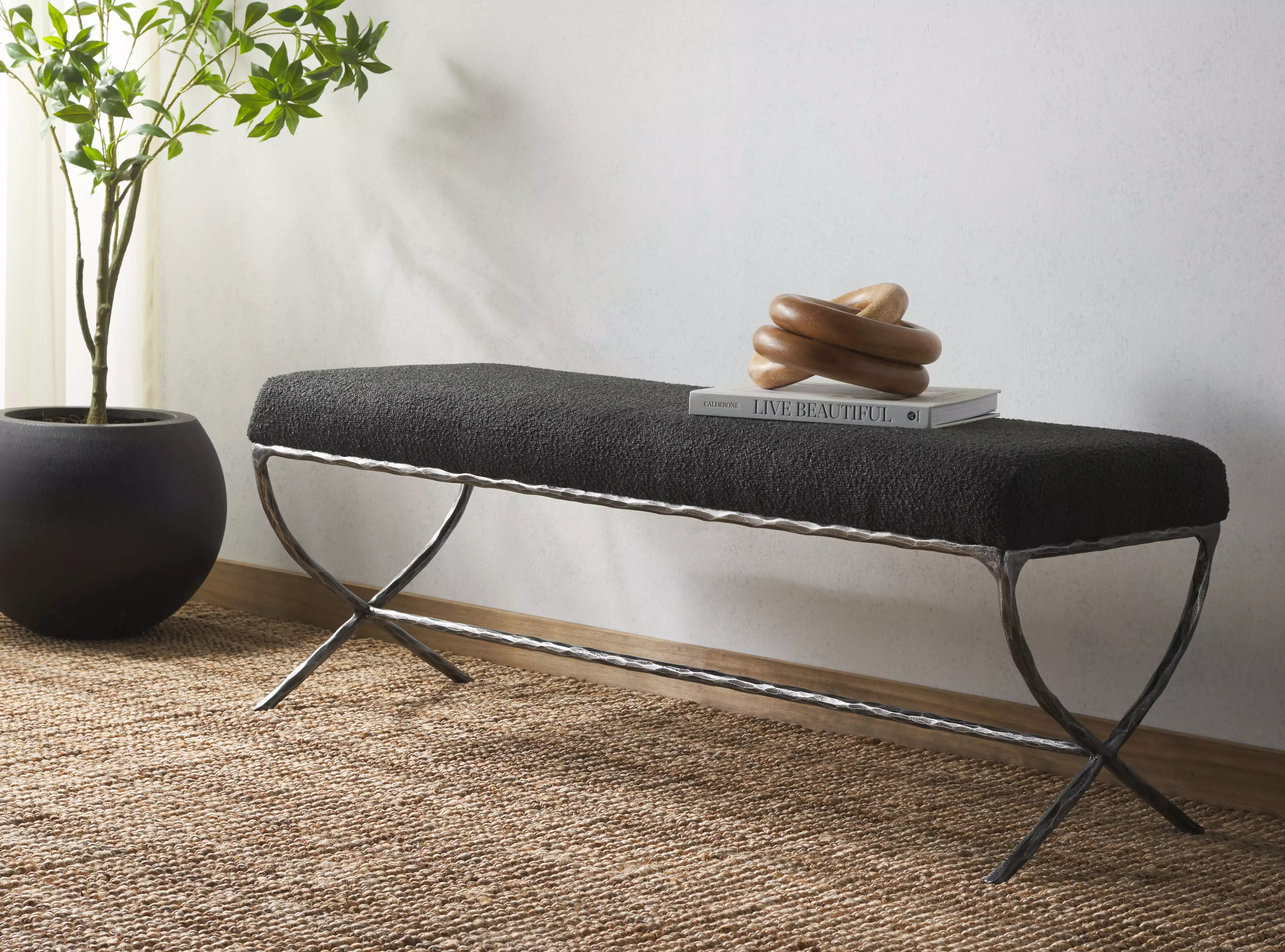 SAFAVIEH Couture Janeen Solid Boucle Modern Bench Metal Frame Black Benches