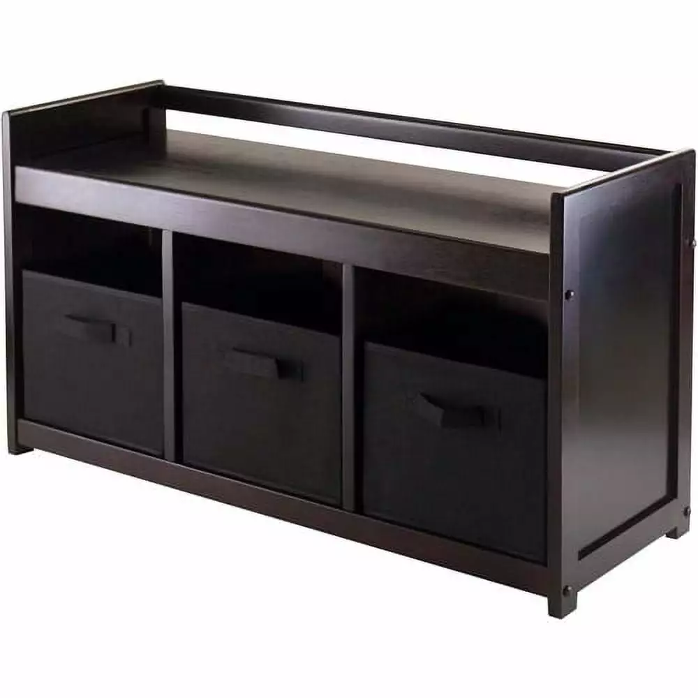 Winsome Wood Addison 4-Pc Set Storage Bench 3 Foldable Black Fabric Baskets Espresso Finish Benches