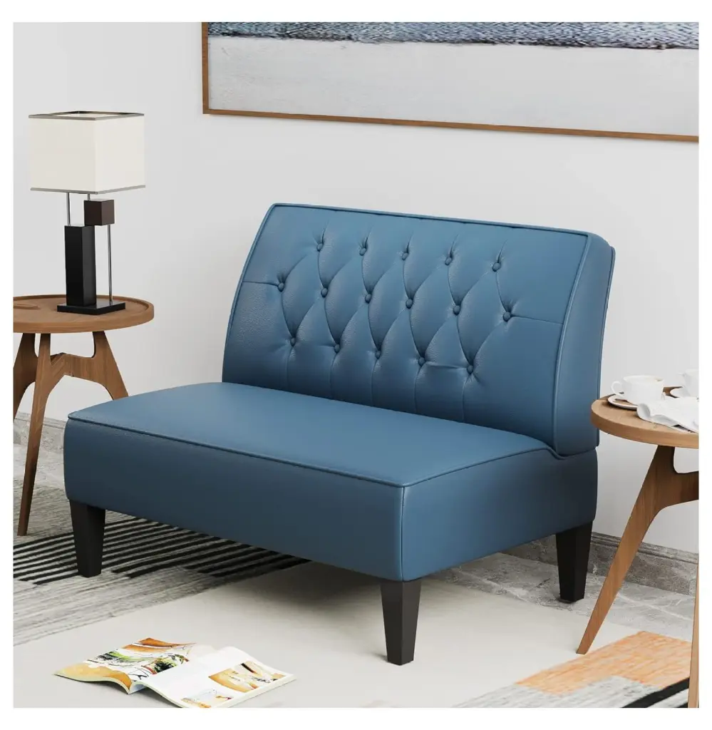 Zengpin Blue Faux Leather Loveseat Bench - Modern Armless Sofa Bedroom or Living Room