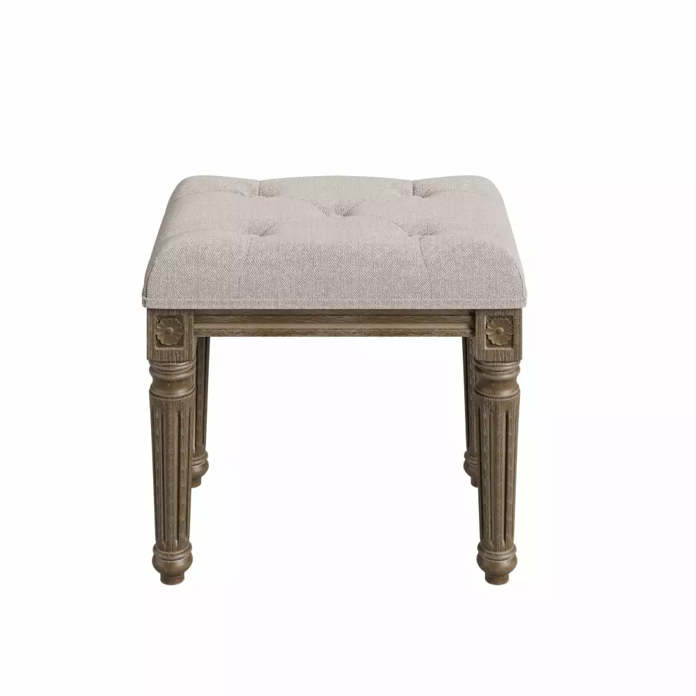 Vintage Square Bench Upholstered Button Tufting Cushion and Carved Rubber Wood Legs Living Room Bench Benches Zzistar