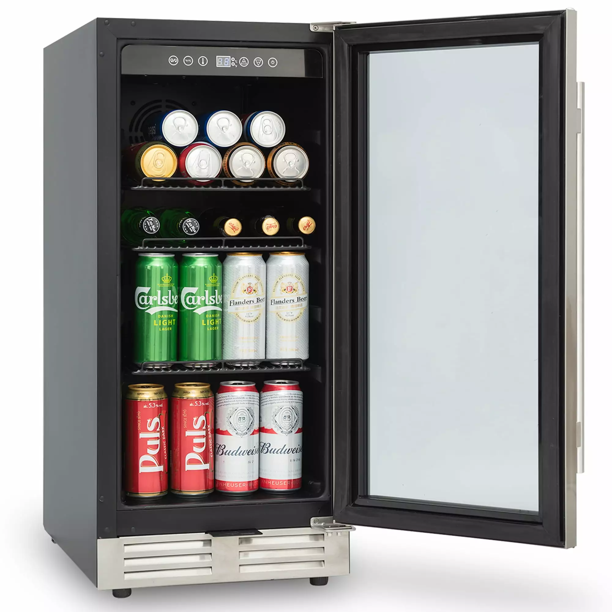 Dcenta 15 Inch Beverage Cooler 120 Cans Capacity Quiet Compressor Cooling System Adjustable Shelves Blue Interior Light