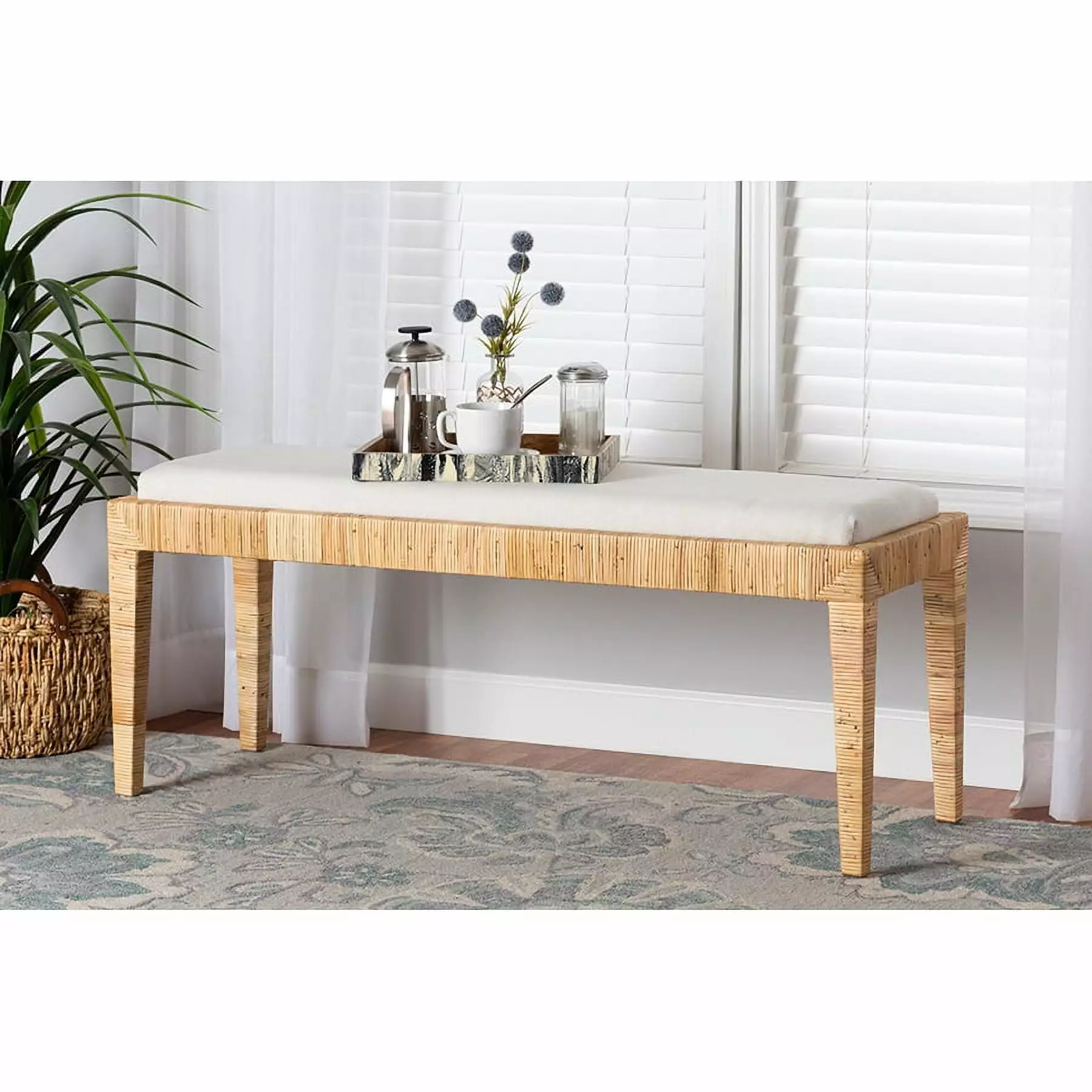 Baxton Studio Sofia Modern Bohemian Natural Brown Rattan and Mahogany Wood Bench - Chic Living Room Accent Benches Wholesa...