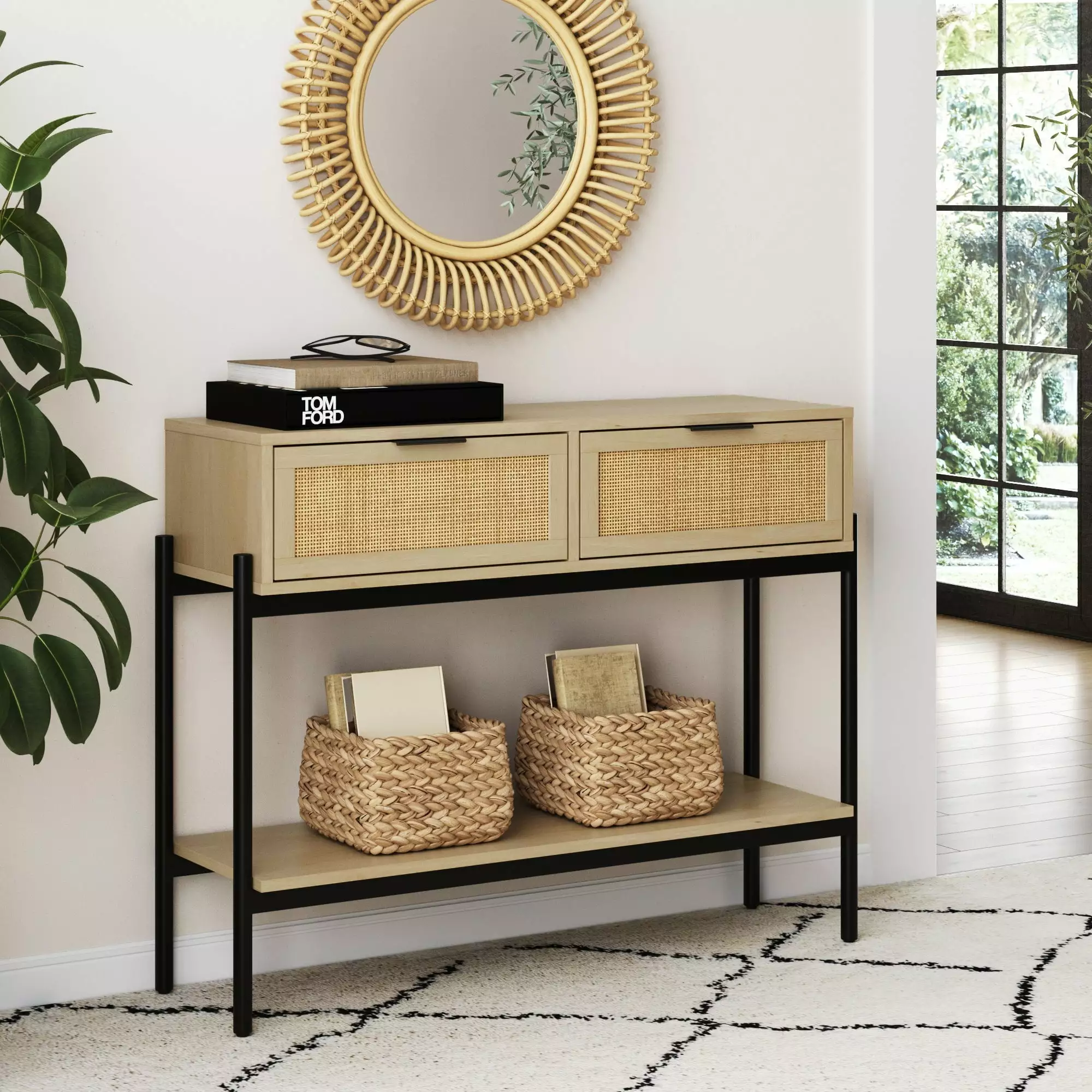 Nathan James Andrew Bohemian Rattan Console Table Drawers and Metal Legs Light Oak Black Console